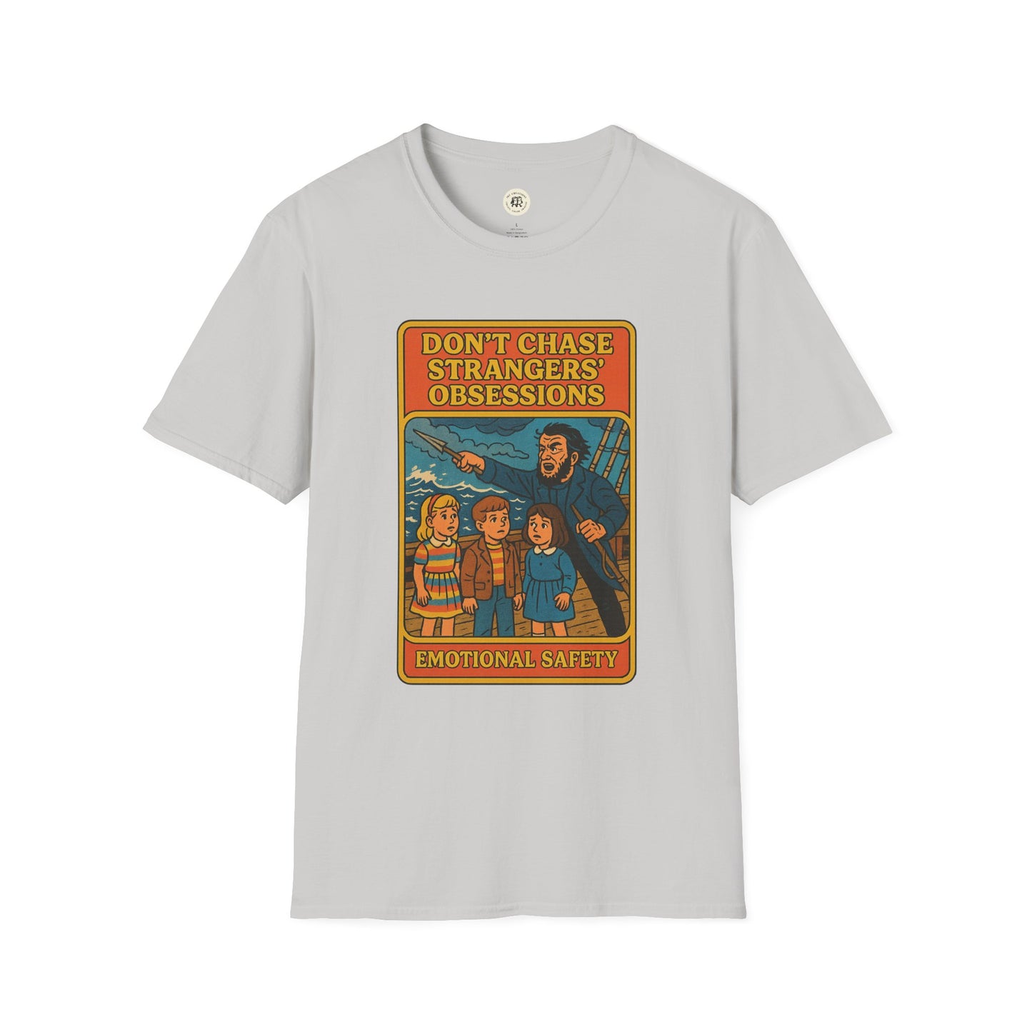 Light gray Moby Dick graphic t-shirt with colorful vintage-style illustration and text about emotional safety