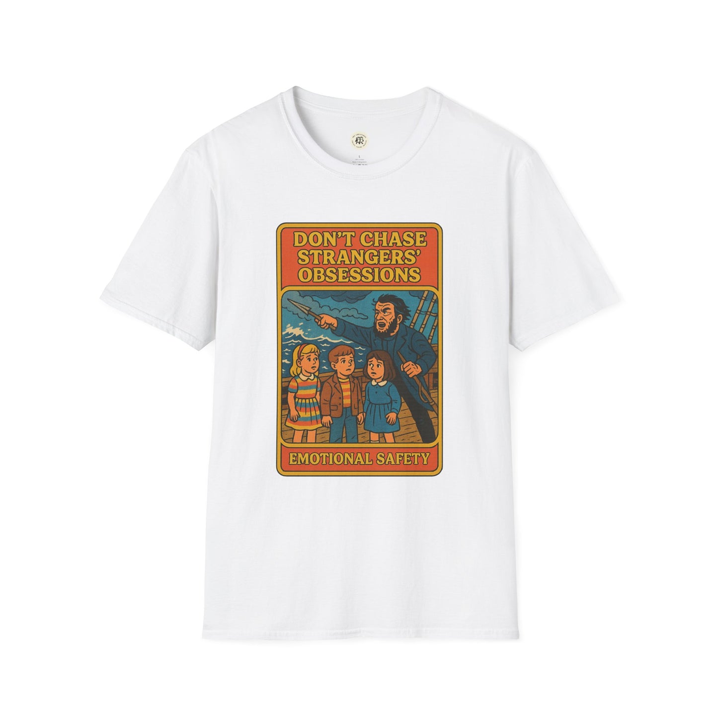 Printify white Moby Dick graphic t-shirt with vintage cartoon design and emotional safety message