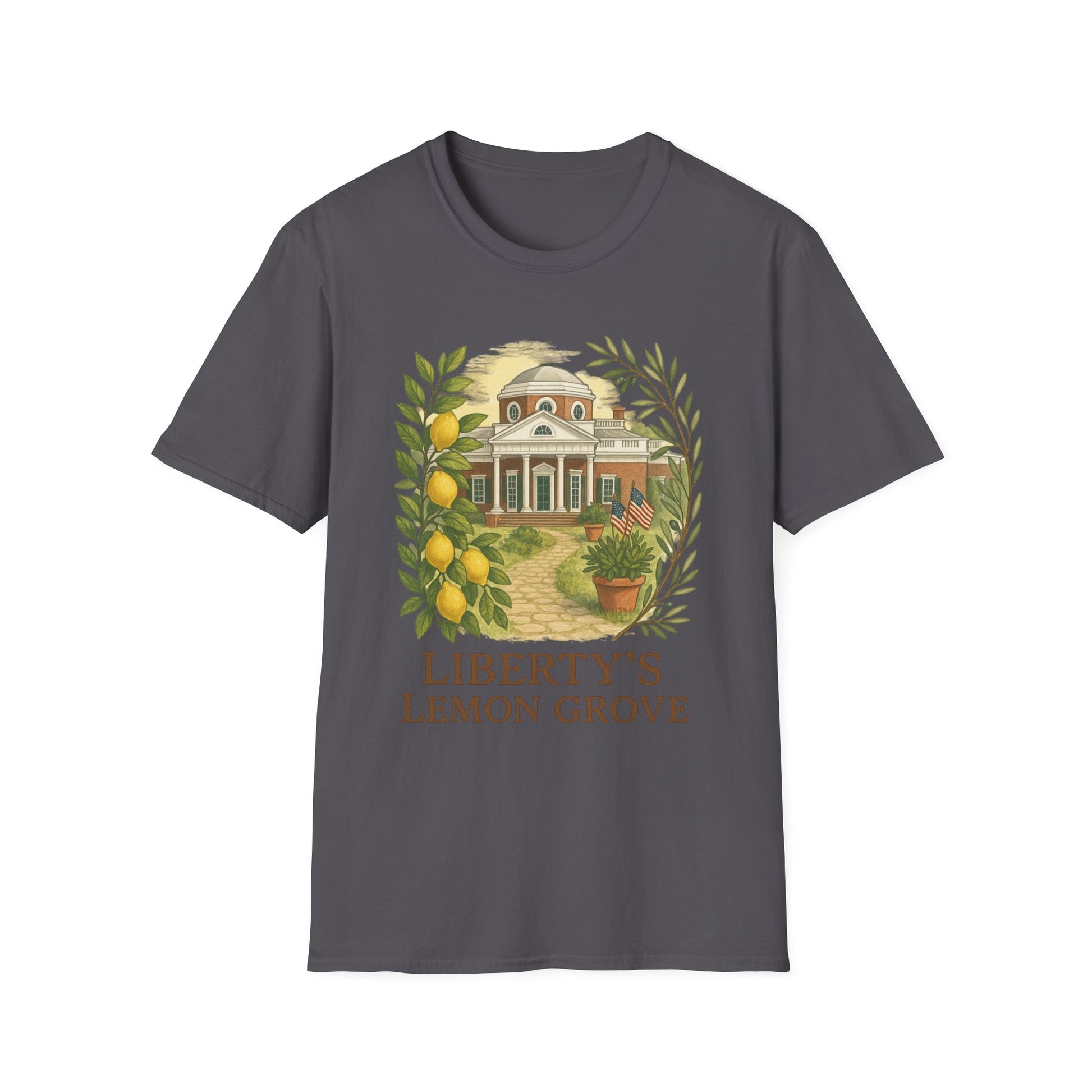 Monticello Lemon Grove t-shirt by Printify with a vintage Monticello house and lemon design on gray fabric
