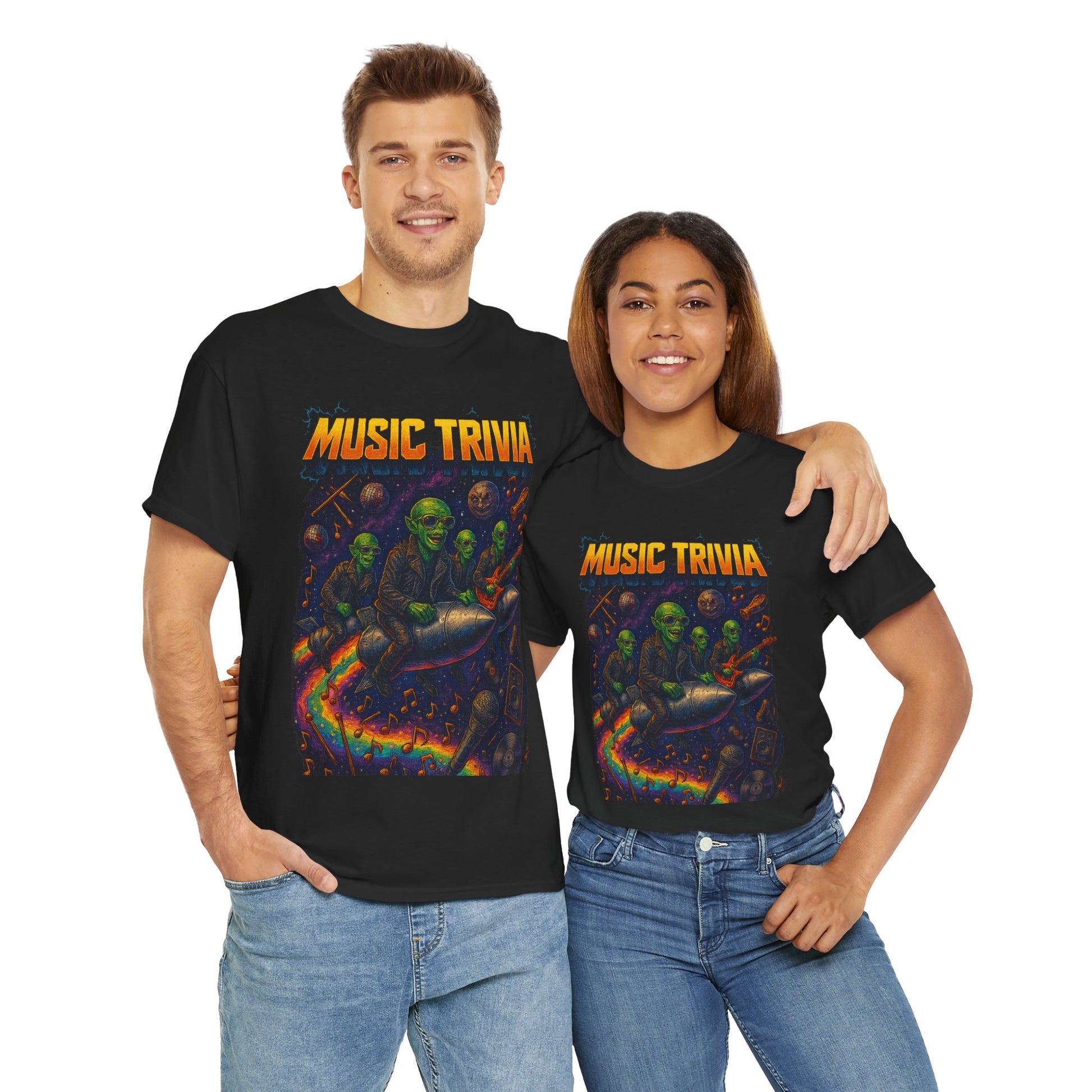 Printify black music trivia t-shirt worn by smiling man and woman with colorful alien rock band graphic