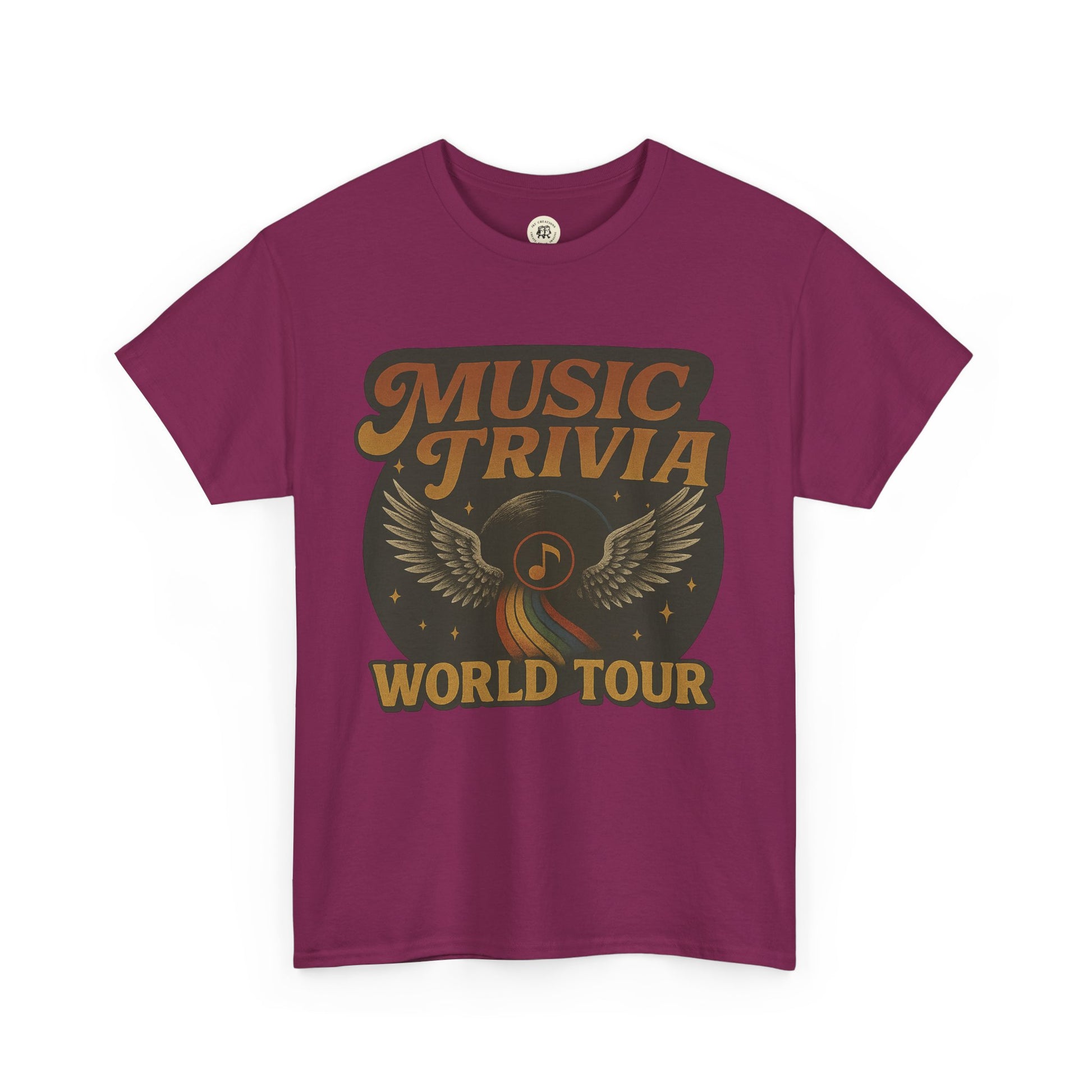 Purple Printify music trivia t-shirt with vintage music world tour graphic and winged vinyl record