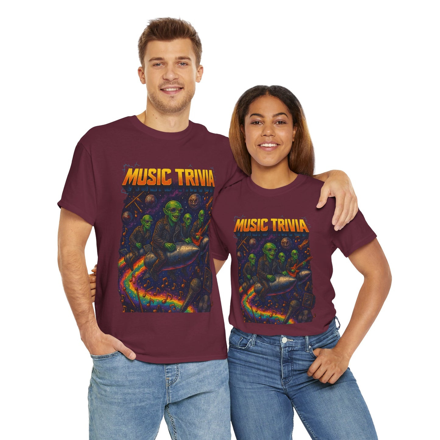 Printify music trivia t-shirt worn by man and woman featuring colorful skeleton and space design