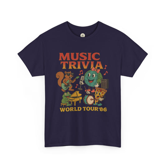 Printify navy blue music trivia t-shirt with playful cartoon band and world tour 86 design
