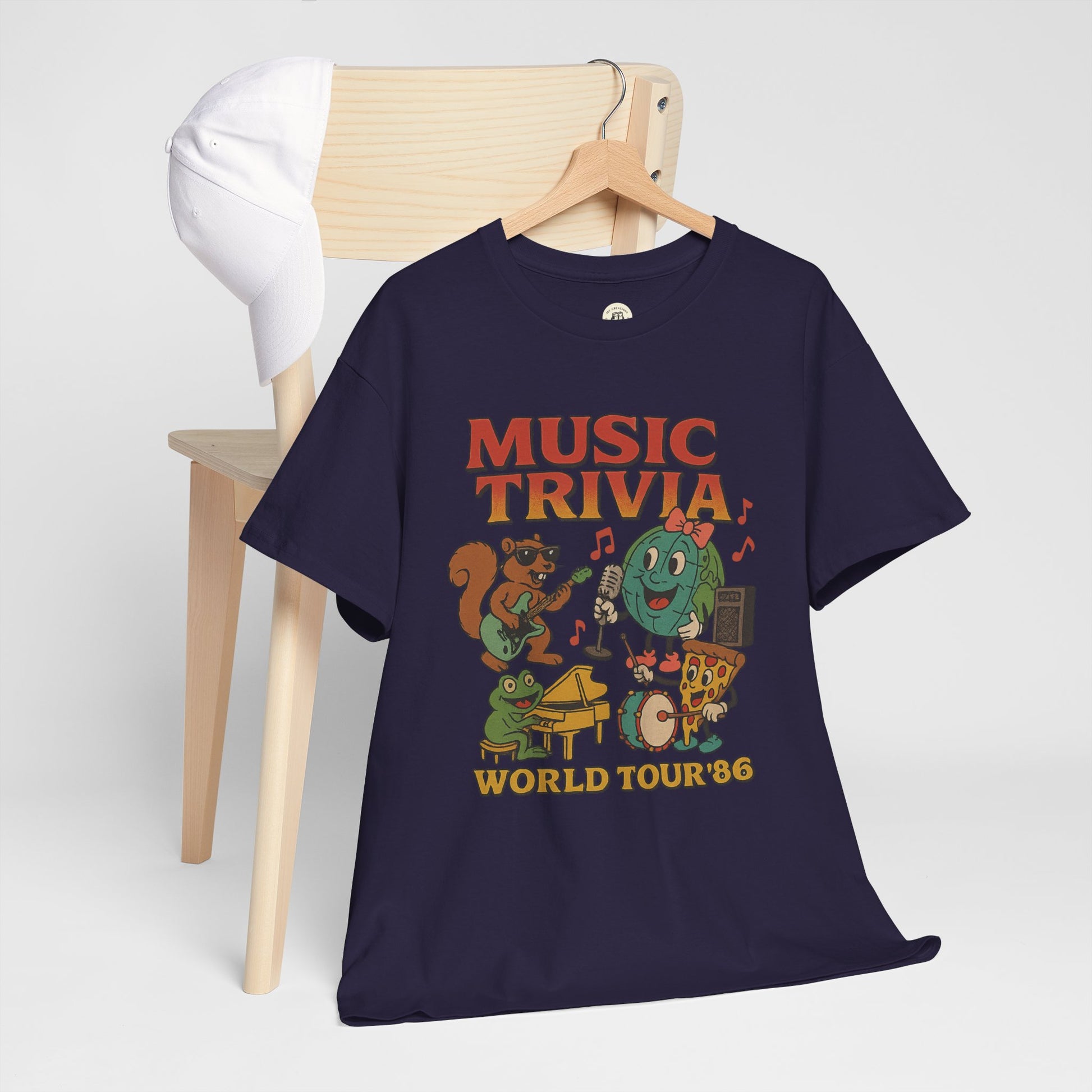 Printify music trivia t-shirt in navy blue with colorful cartoon instruments and animals design