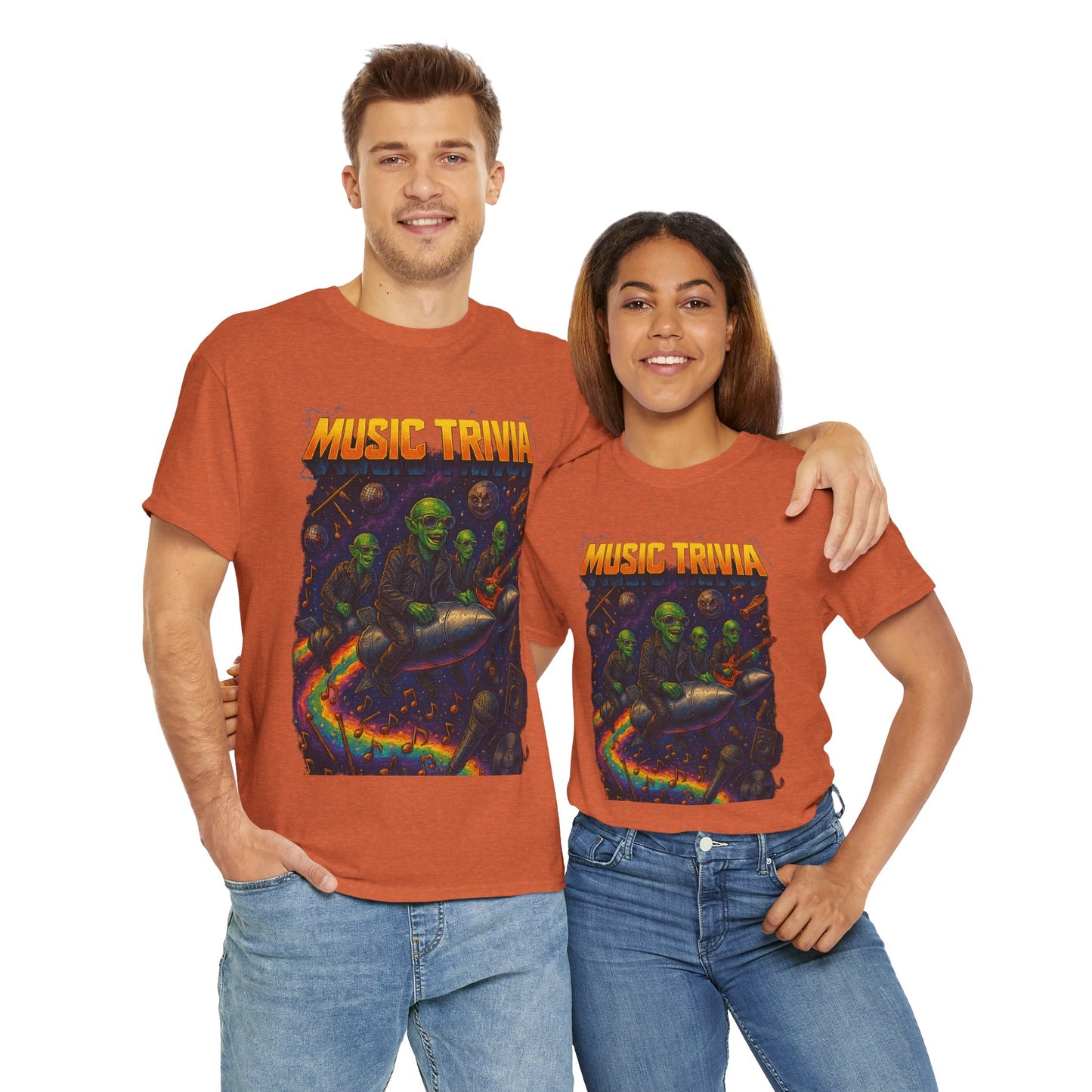 Couple wearing matching orange Printify music trivia t-shirt with colorful alien rocket design