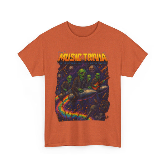 Printify orange music trivia t-shirt featuring skeletons playing guitar on a rocket with colorful cosmic background