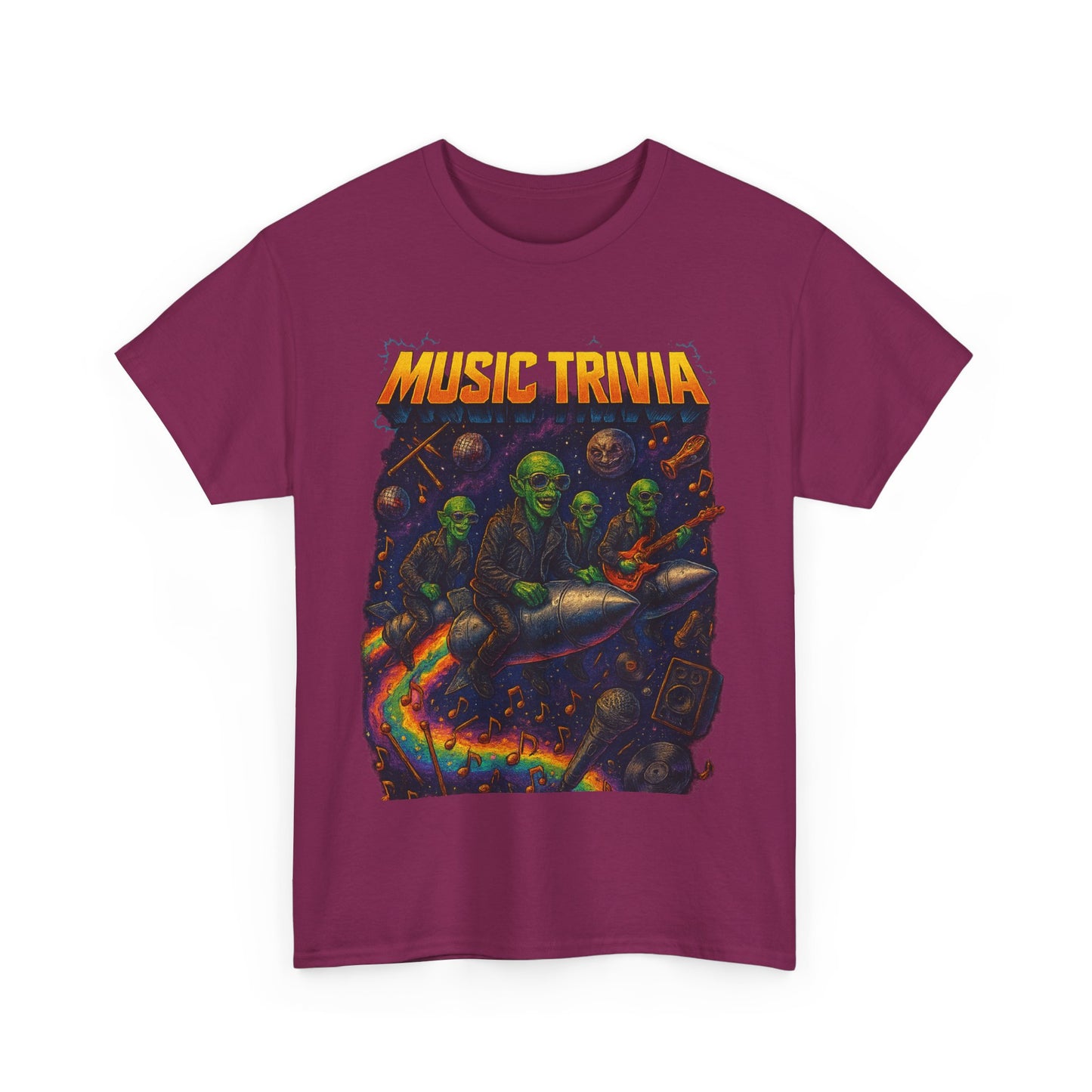 Printify maroon music trivia t-shirt featuring colorful skeleton band riding a rocket with musical instruments