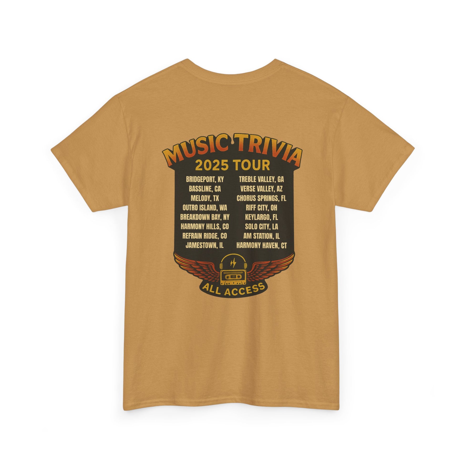 Printify music trivia t-shirt featuring 2025 tour cities list and all access pass design on brown fabric