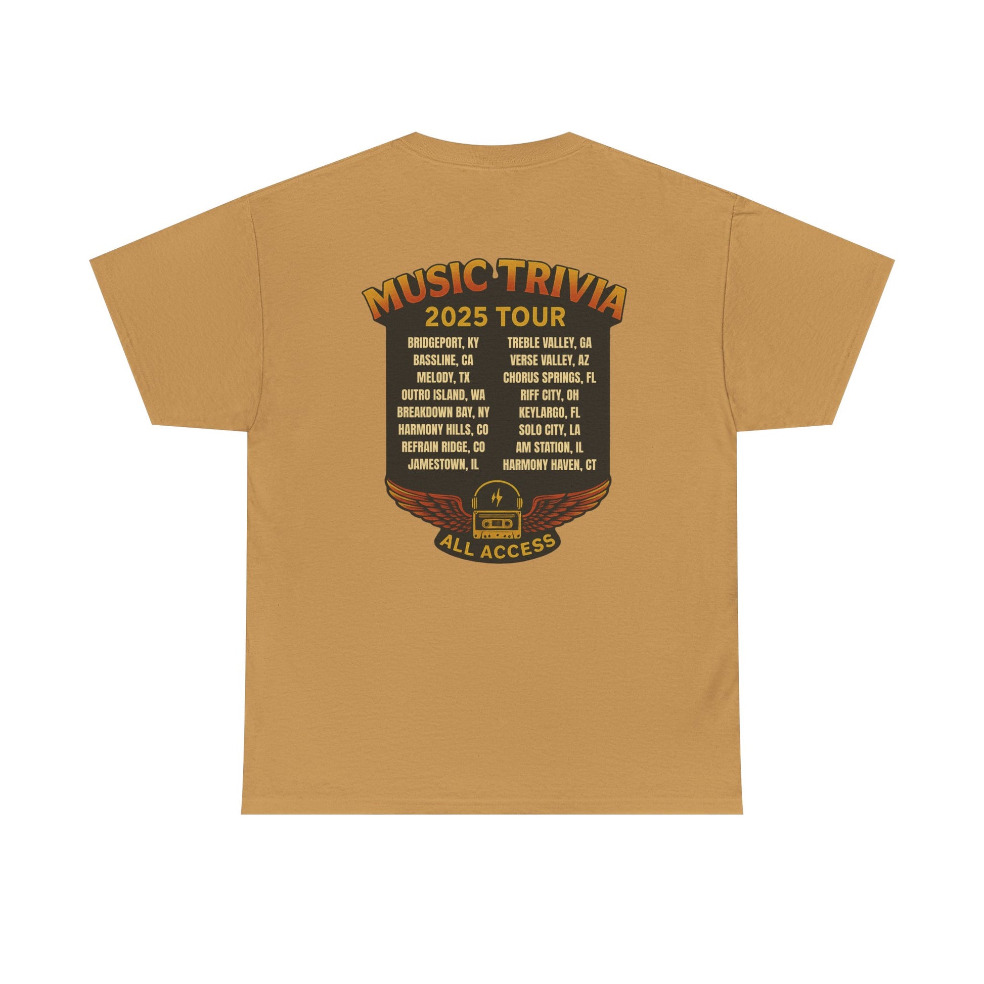Printify music trivia t-shirt in tan with 2025 tour dates and all access pass design on back