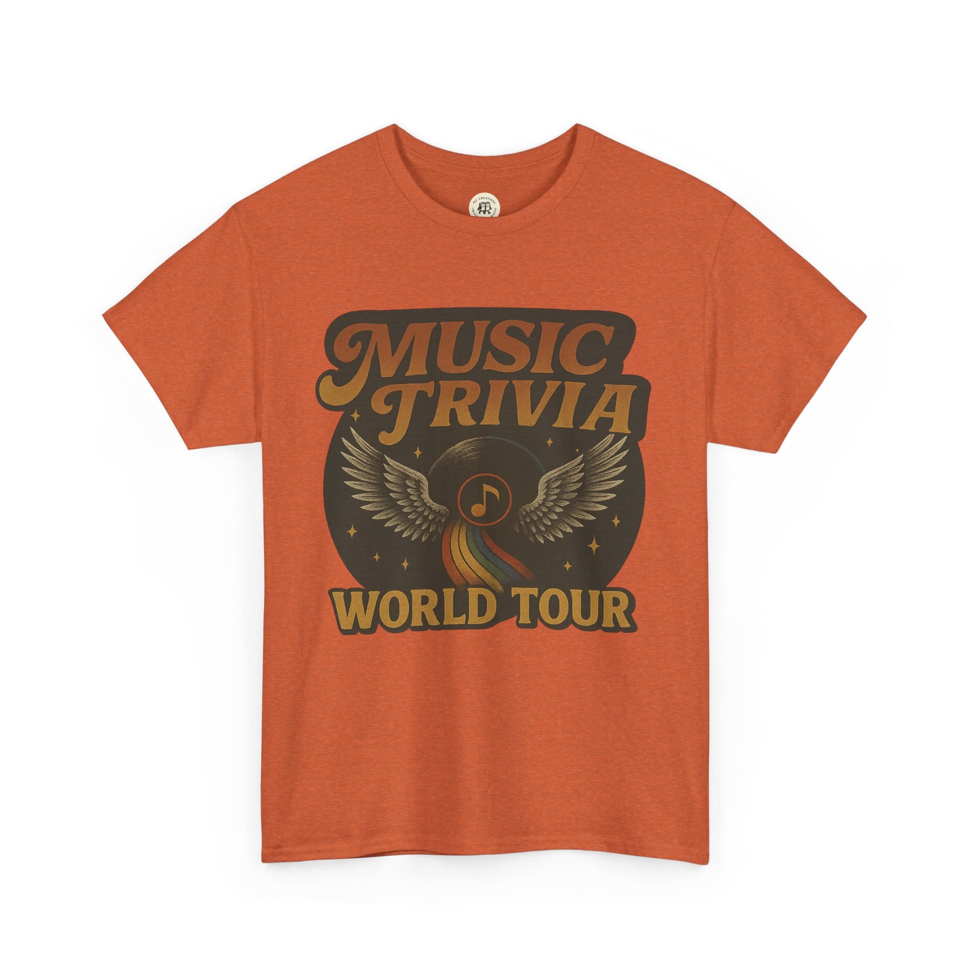 Orange Printify music trivia t-shirt with vintage winged record and world tour design