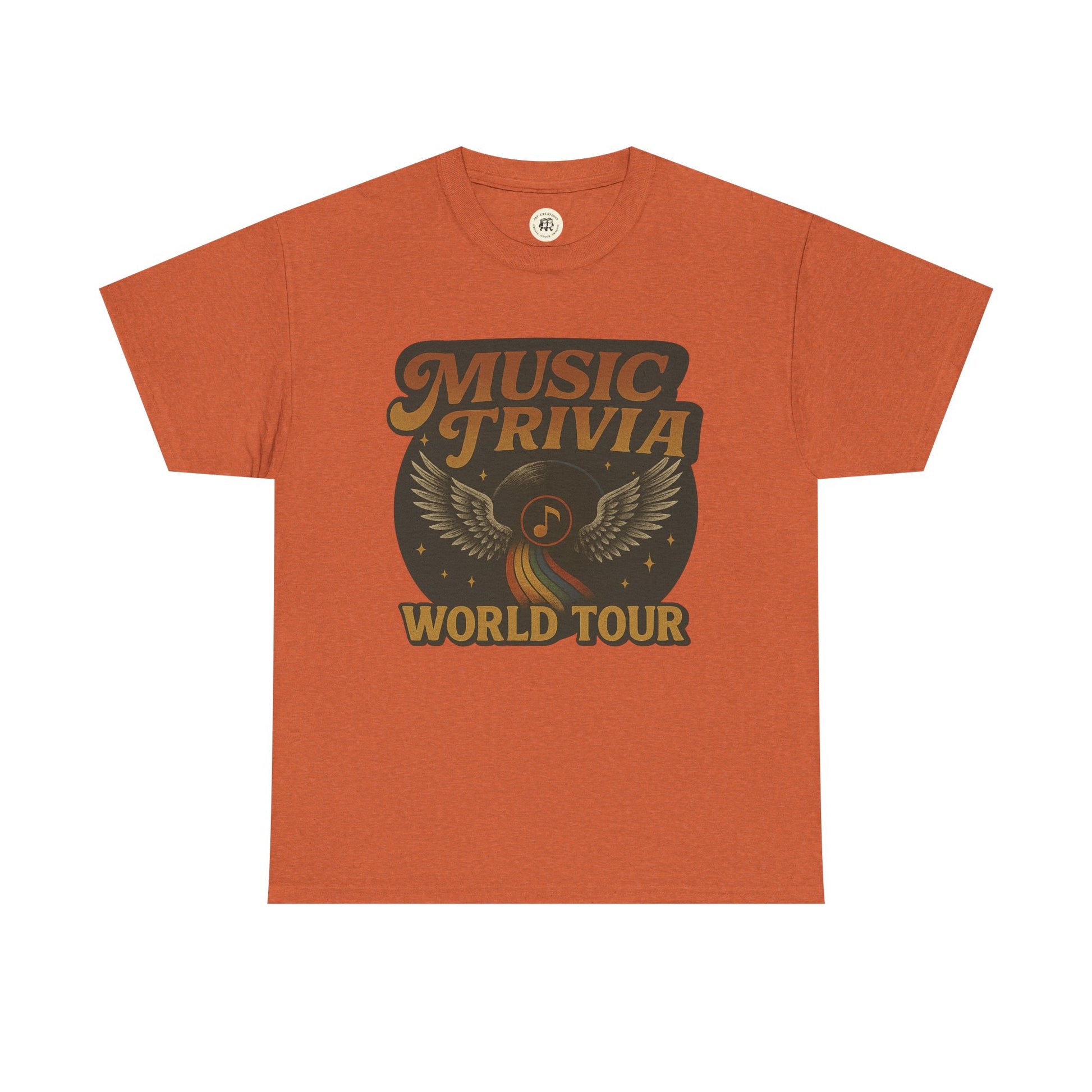 Orange Printify music trivia t-shirt with vintage world tour graphic and musical note wings