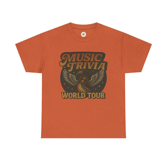 Orange Printify music trivia t-shirt with vintage world tour graphic and musical note wings