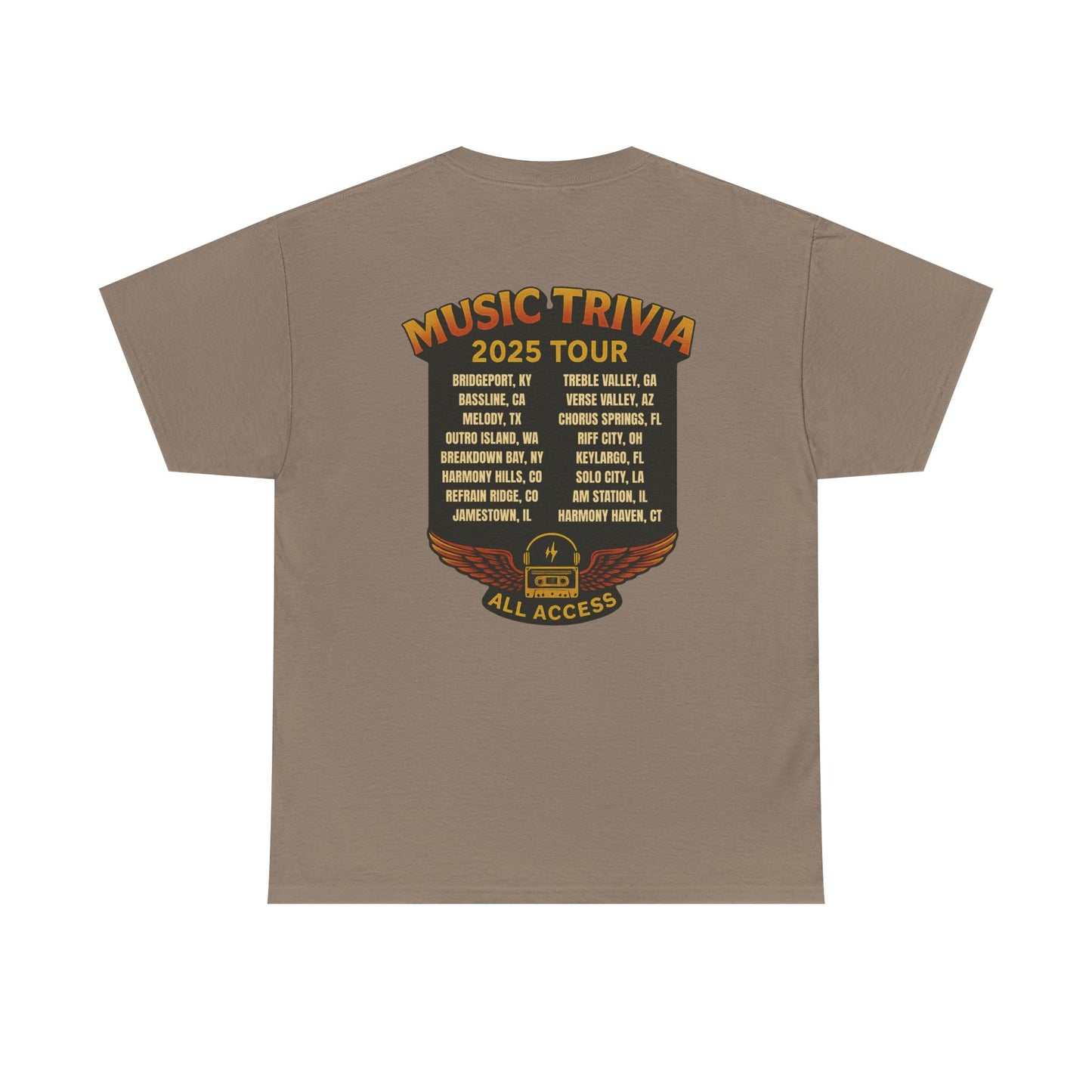 Brown Printify music trivia t-shirt featuring 2025 tour dates and all access badge on the back
