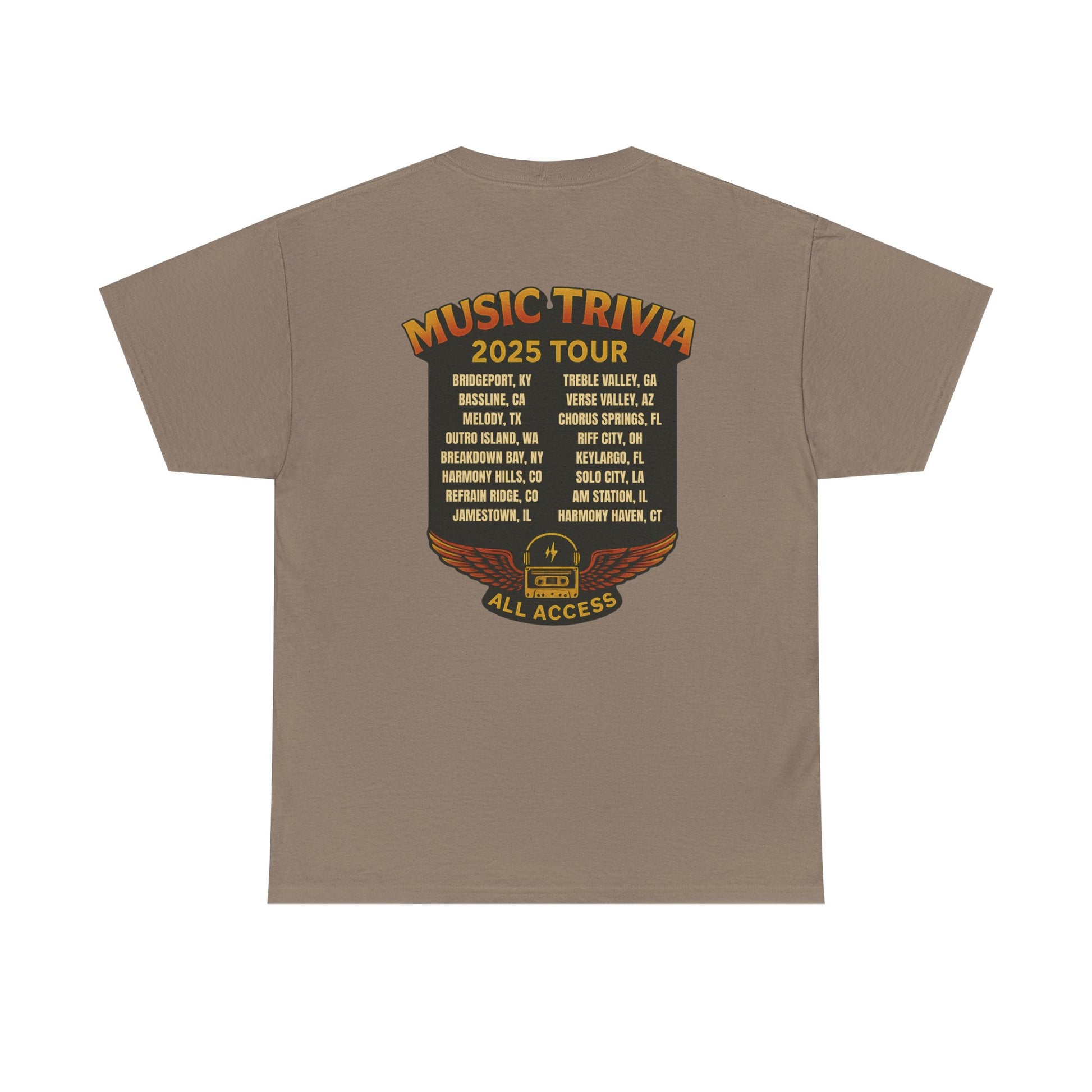 Brown Printify music trivia t-shirt featuring 2025 tour dates and all access badge on the back