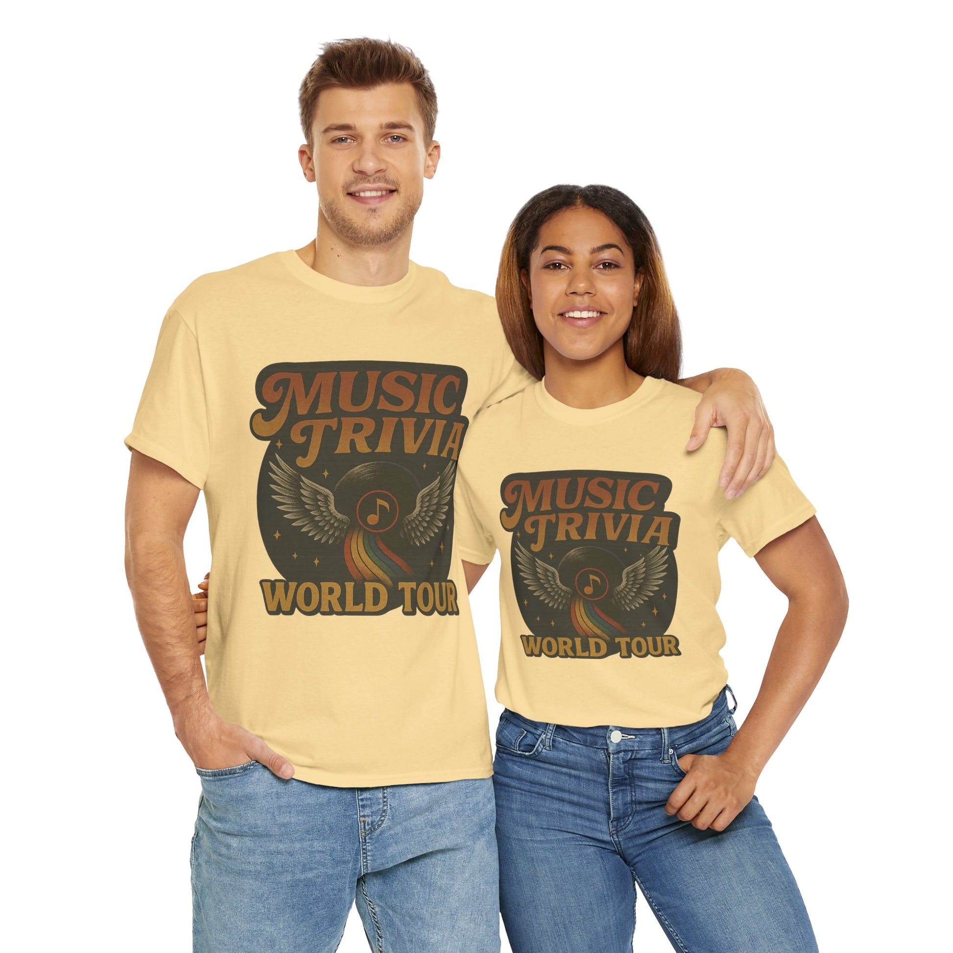 Printify beige music trivia t-shirt with world tour design worn by smiling man and woman