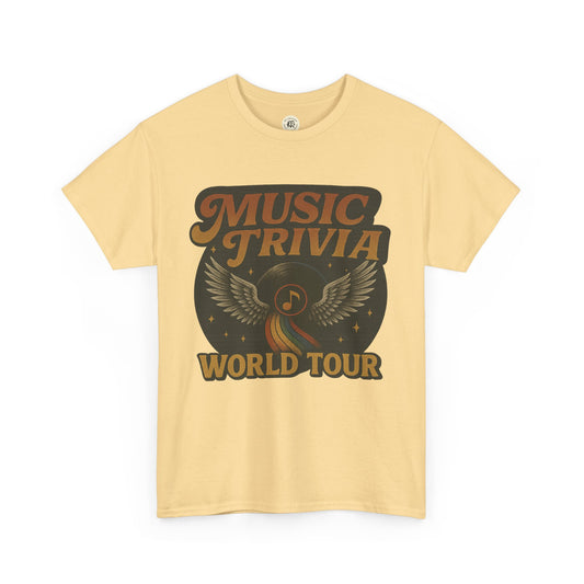 Yellow music trivia t-shirt with winged music note and world tour design by Printify