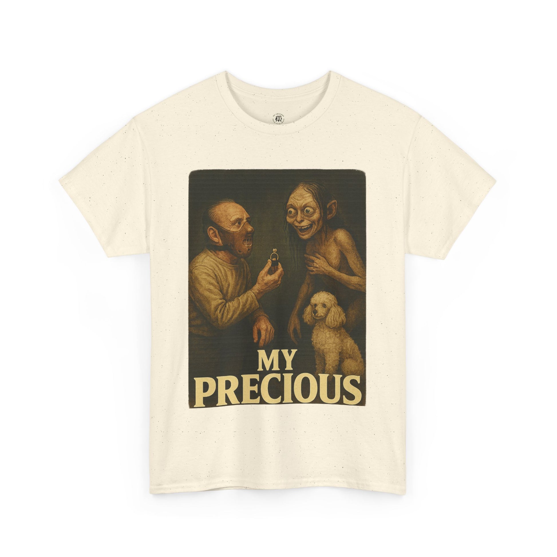 My precious unisex cotton tee by Printify with graphic of two characters and a dog on cream shirt