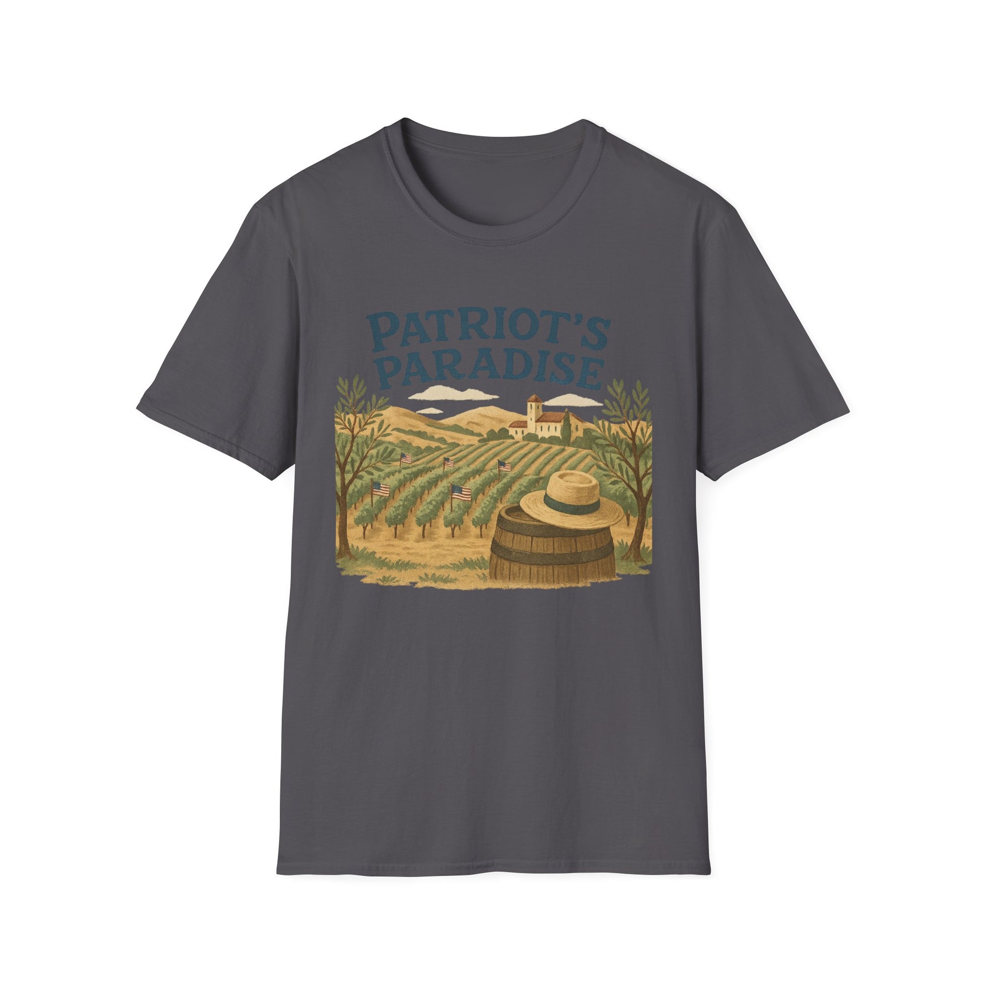 Printify Napa Valley vineyard t-shirt with vineyard landscape and straw hat graphic on gray fabric