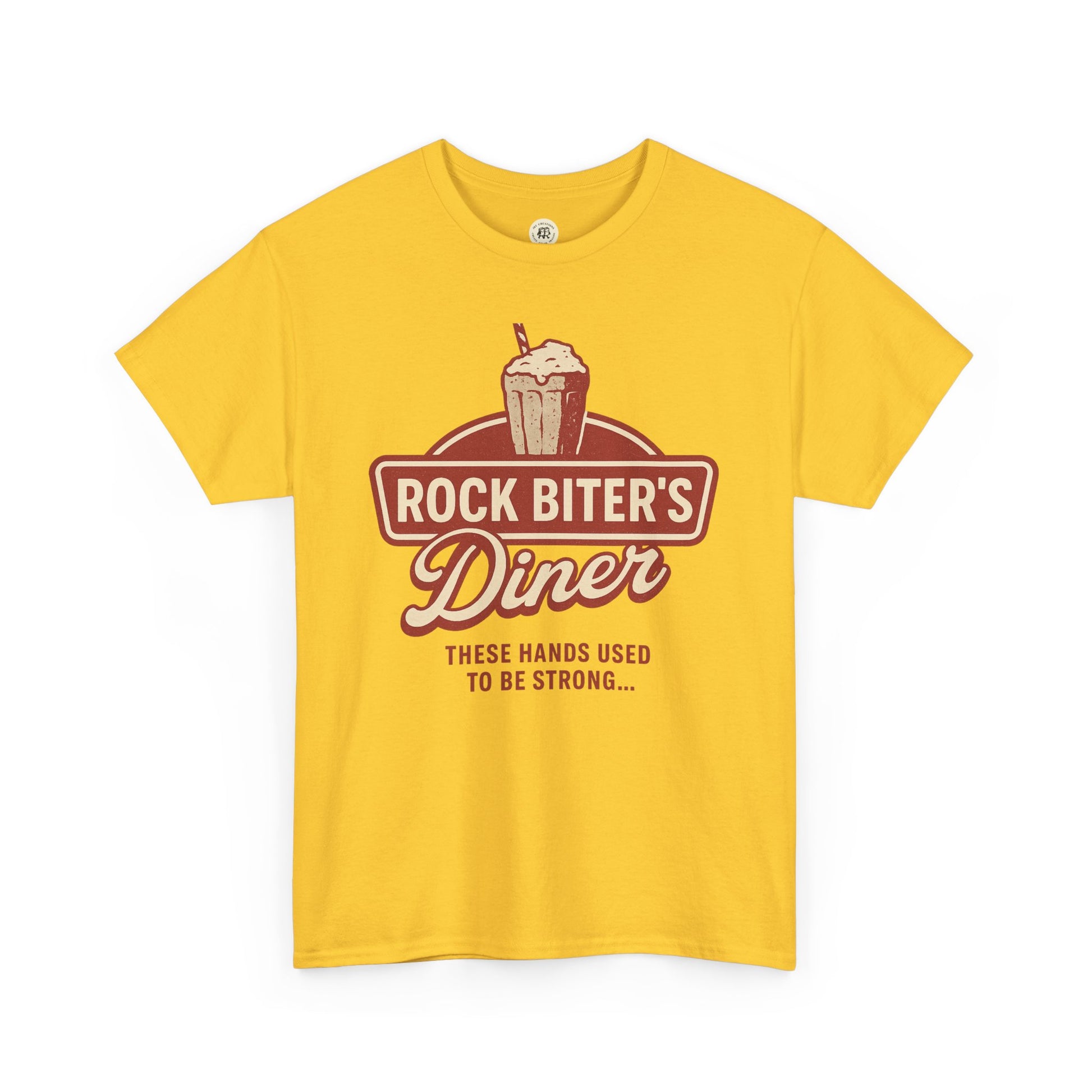 Yellow Neverending Story diner t-shirt with Rock Biter's Diner logo and vintage milkshake graphic