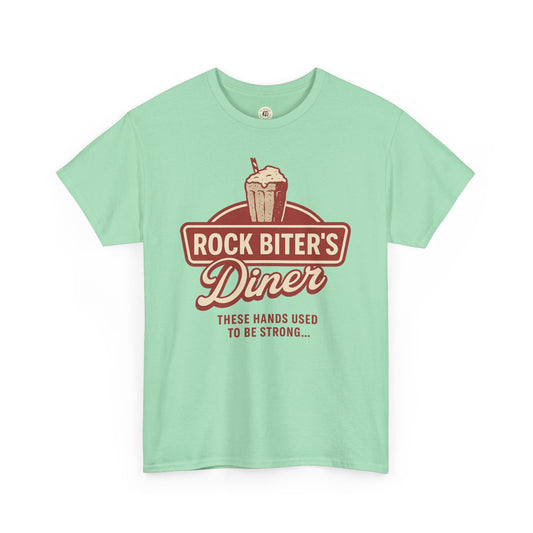 Mint green Neverending Story diner t-shirt with vintage Rock Biter's Diner milkshake graphic