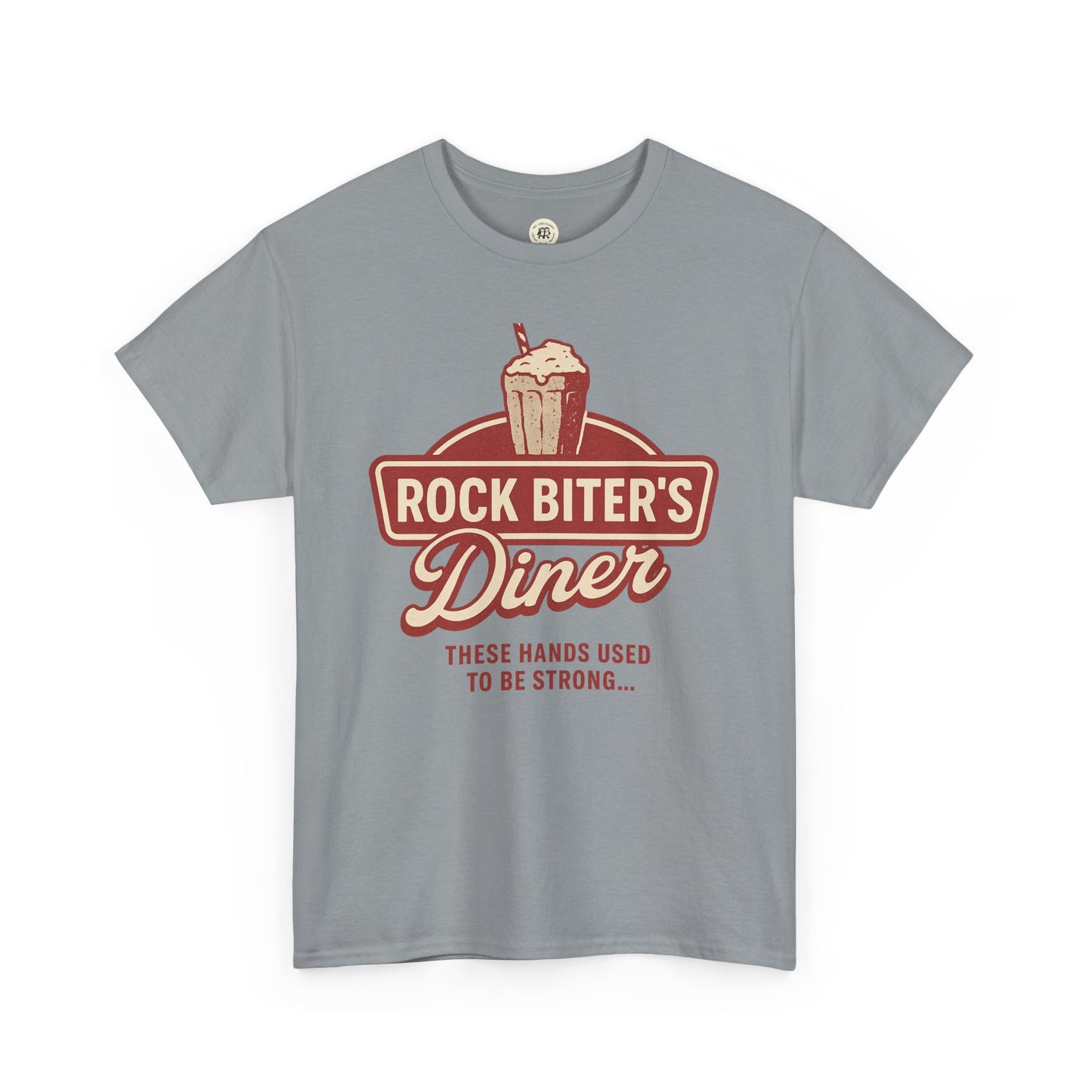 Printify Neverending Story diner t-shirt featuring Rock Biter's Diner logo and milkshake graphic