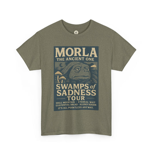 Neverending Story Morla t-shirt with vintage swamp-themed graphic and text in olive green