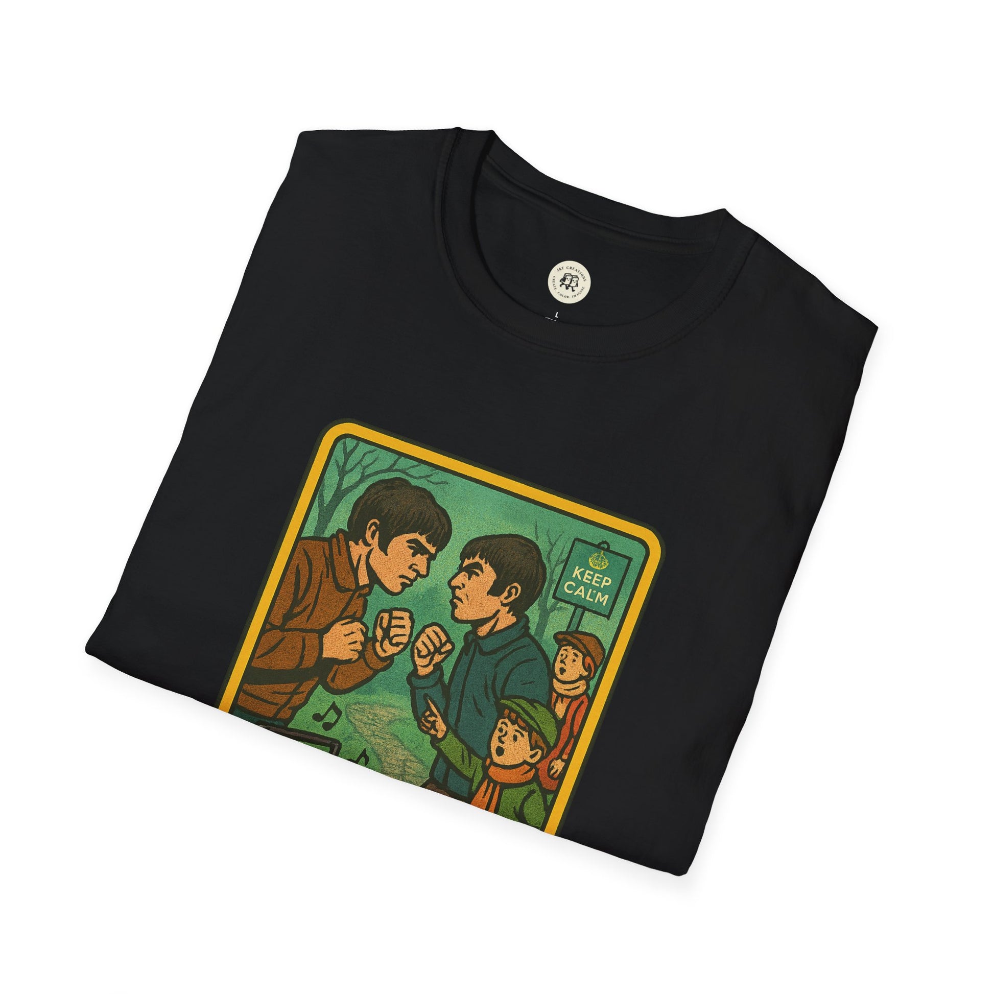 Black Oasis retro band t-shirt featuring colorful vintage cartoon design from Printify