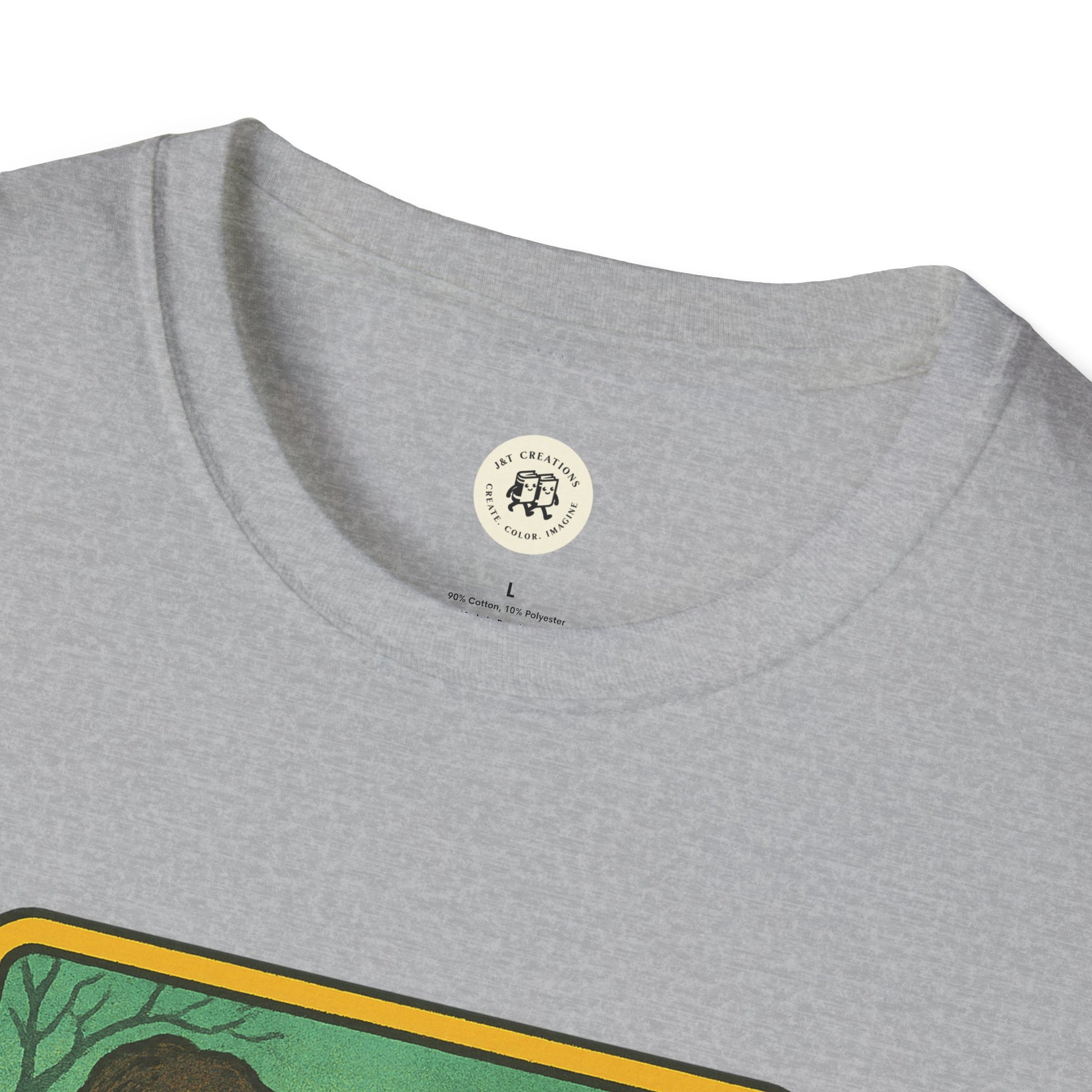Close-up of gray Oasis retro band t-shirt collar and upper printed design by Printify