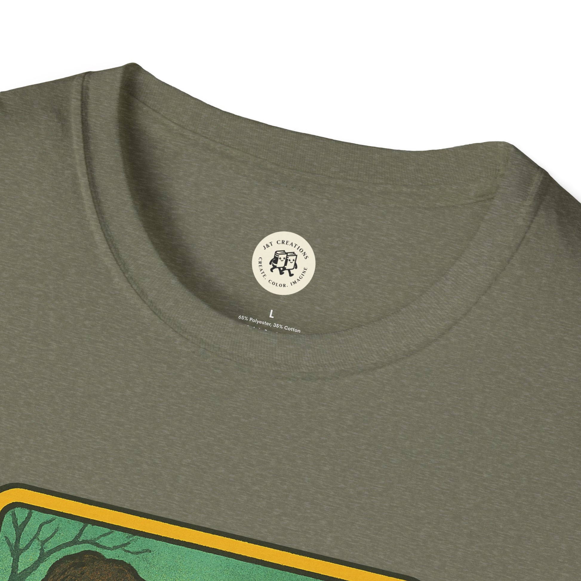 Close-up of Printify Oasis retro band t-shirt with green graphic and round neckline in olive color