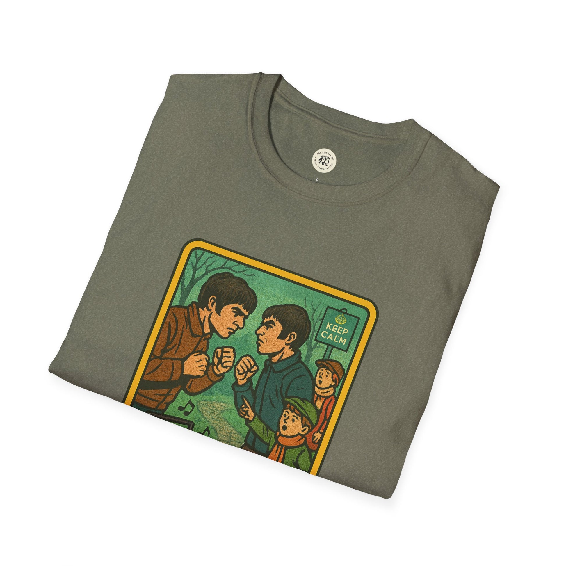 Printify olive green Oasis retro band t-shirt featuring vintage cartoon fighting scene and keep calm sign