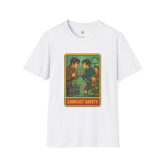 Printify white t-shirt featuring Oasis retro band t-shirt design with conflict safety graphic