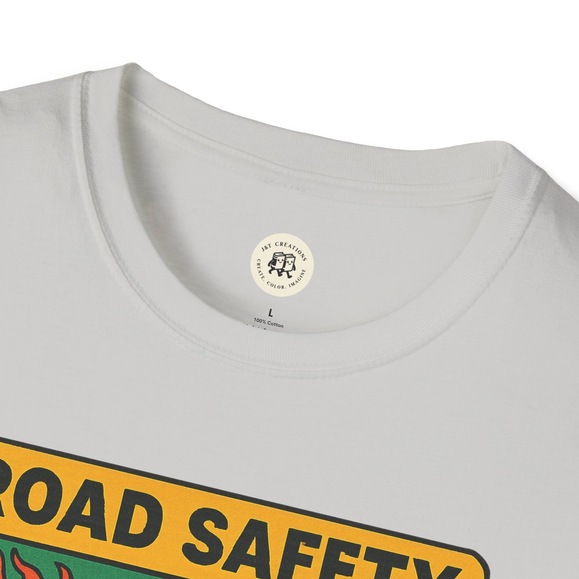 White offspring retro safety shirt by Printify with road safety graphic and crew neck design