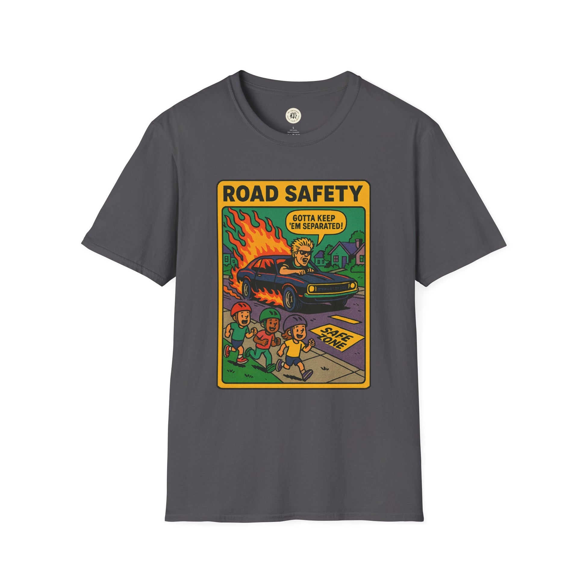 Offspring retro safety shirt featuring a vintage road safety cartoon print on dark gray T-shirt
