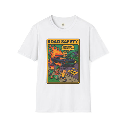 White Printify t-shirt featuring offspring retro safety shirt graphic with kids crossing street and flaming car
