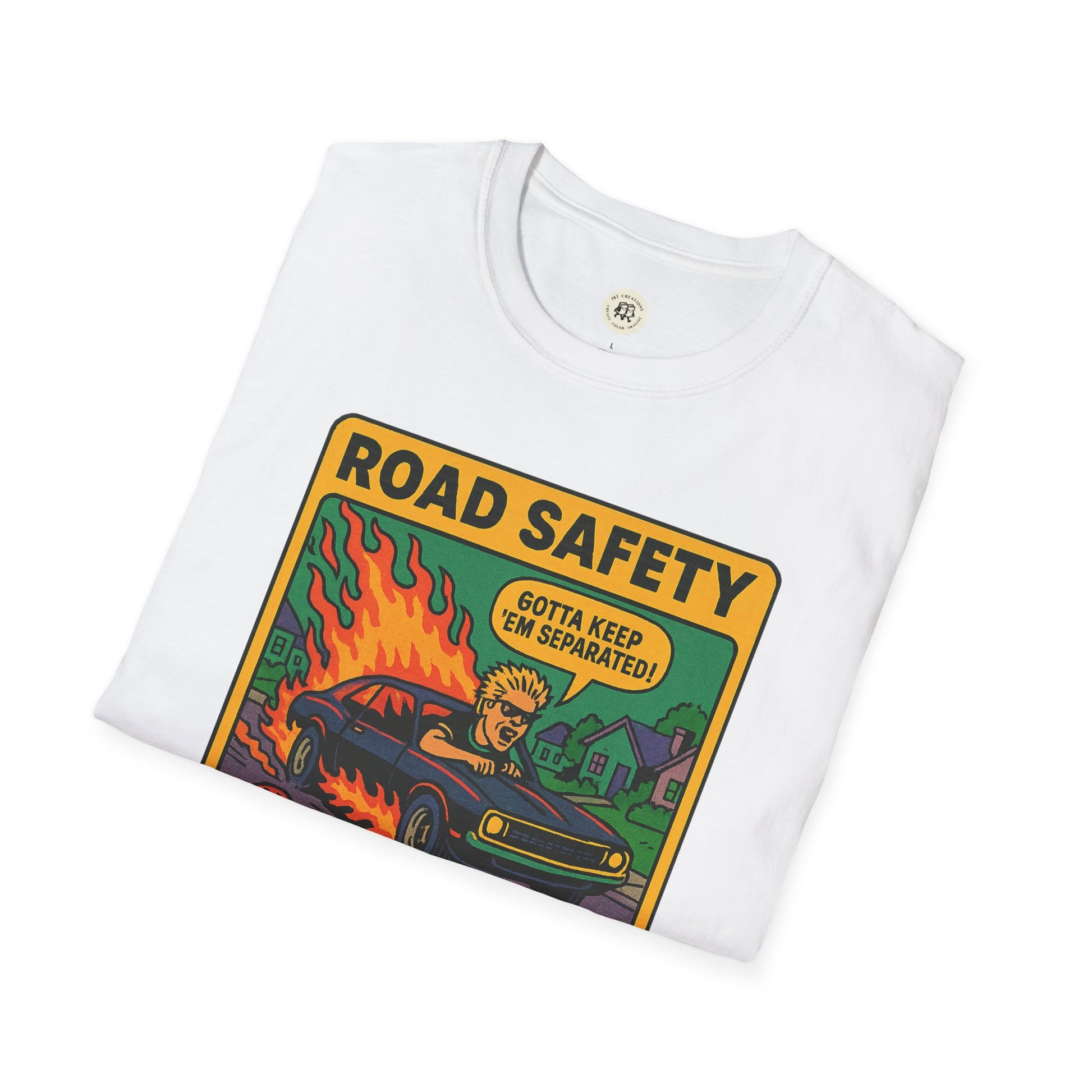 White folded offspring retro safety shirt with vintage road safety cartoon print by Printify