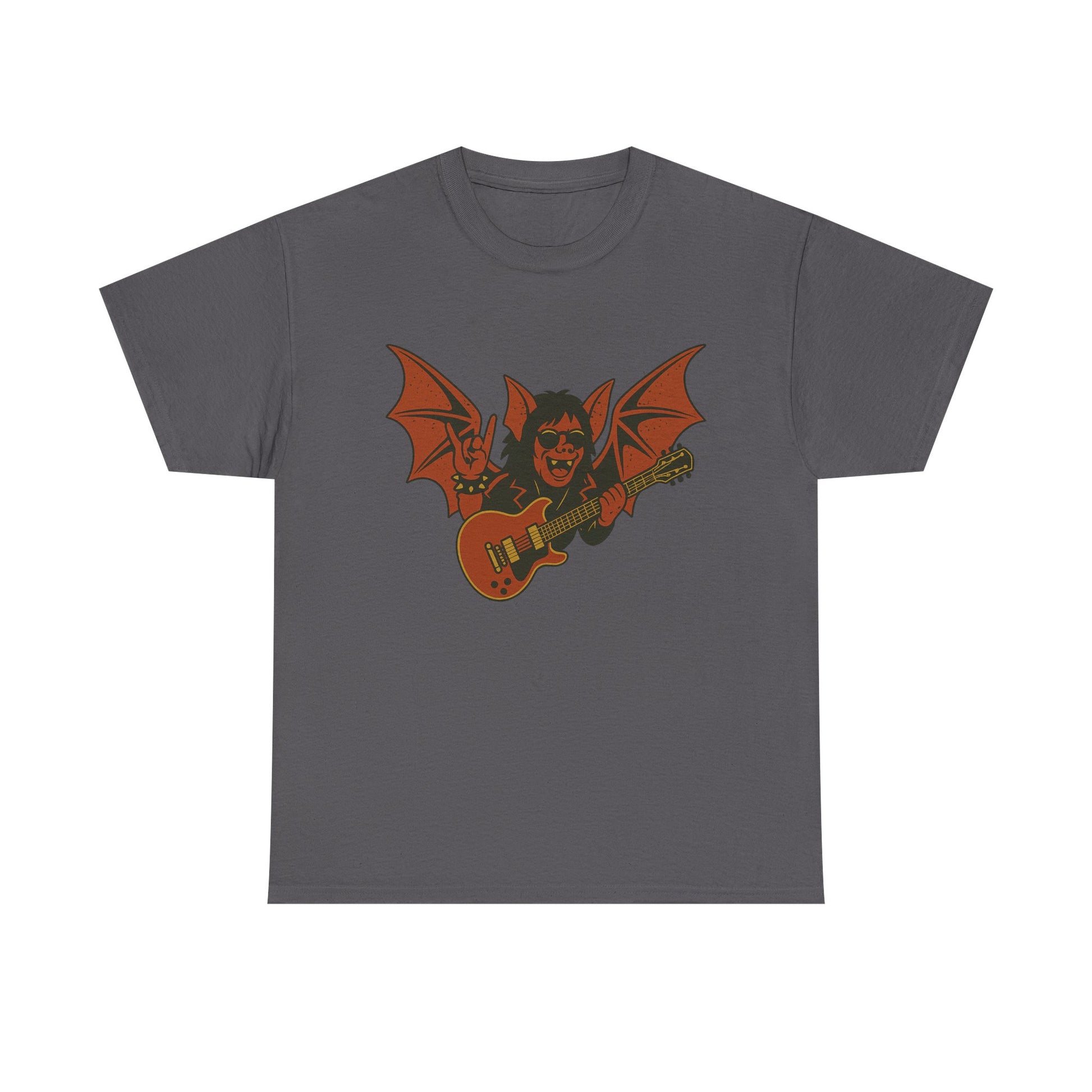 Printify gray Ozzy Osbourne bat guitar t-shirt with orange bat wings and guitar graphic
