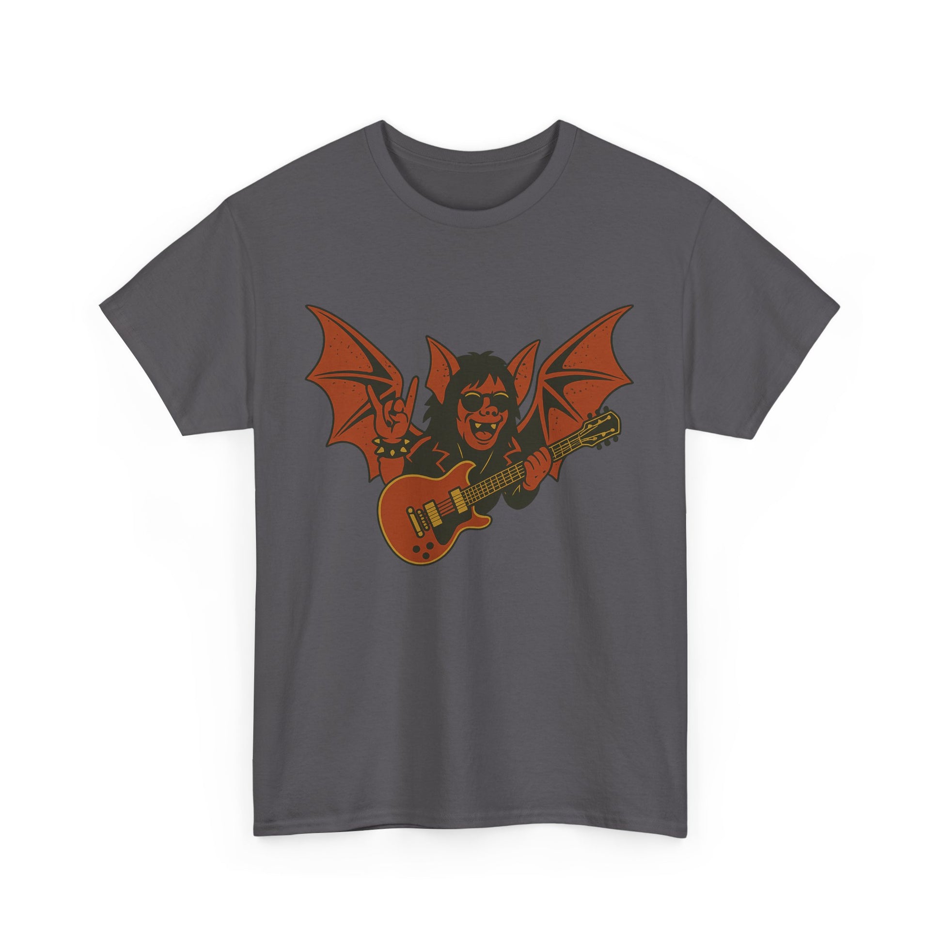 Printify gray t-shirt featuring Ozzy Osbourne bat guitar t-shirt graphic with orange bat playing guitar