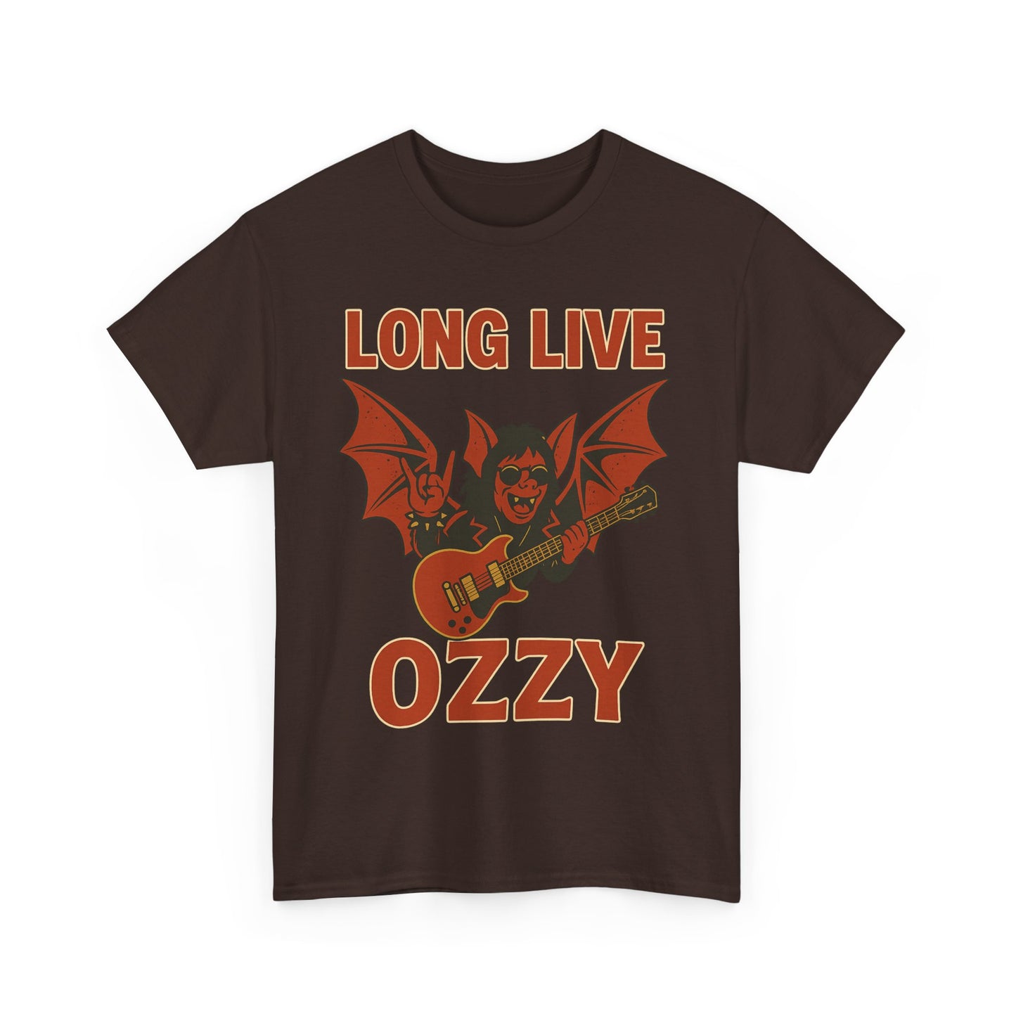 Printify Ozzy Osbourne bat guitar t-shirt with long live Ozzy graphic on brown fabric