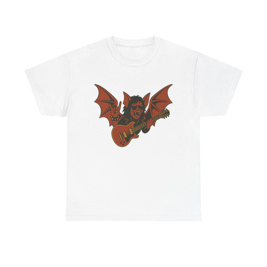 White Printify t-shirt featuring Ozzy Osbourne bat guitar t-shirt graphic with red bat wings and guitar