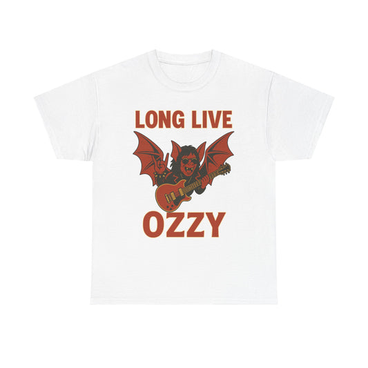 White Ozzy Osbourne bat guitar t-shirt with red graphic and Long Live Ozzy text from Printify