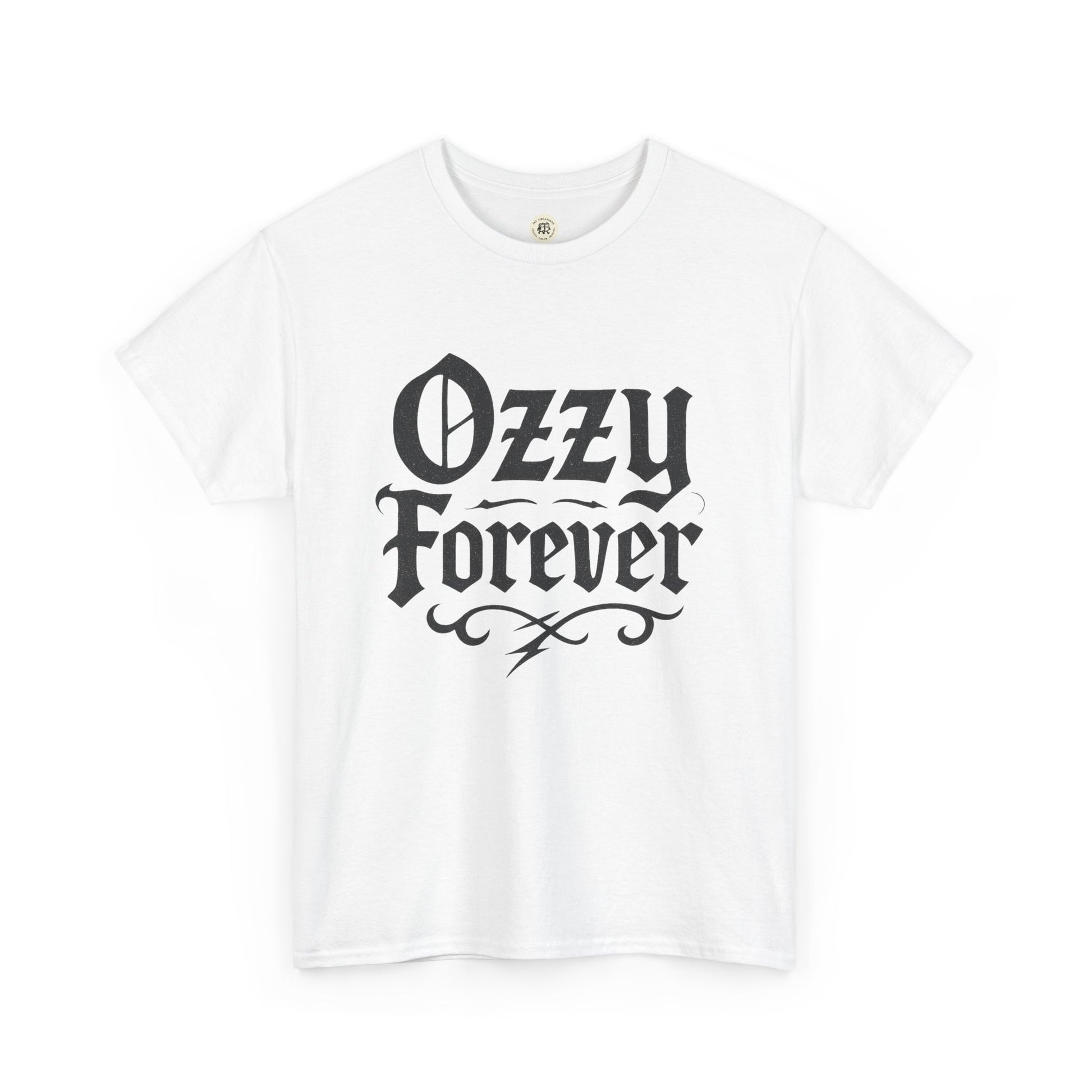 White Ozzy Osbourne tribute shirt with black gothic-style Ozzy Forever text by Printify