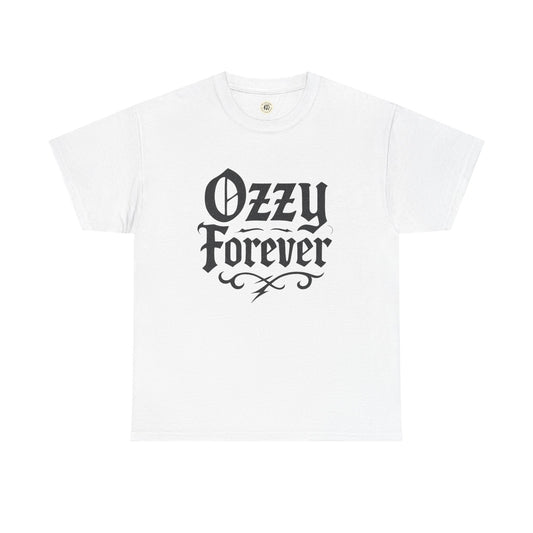 White Printify T-Shirt with Ozzy Forever black gothic text Ozzy Osbourne tribute shirt