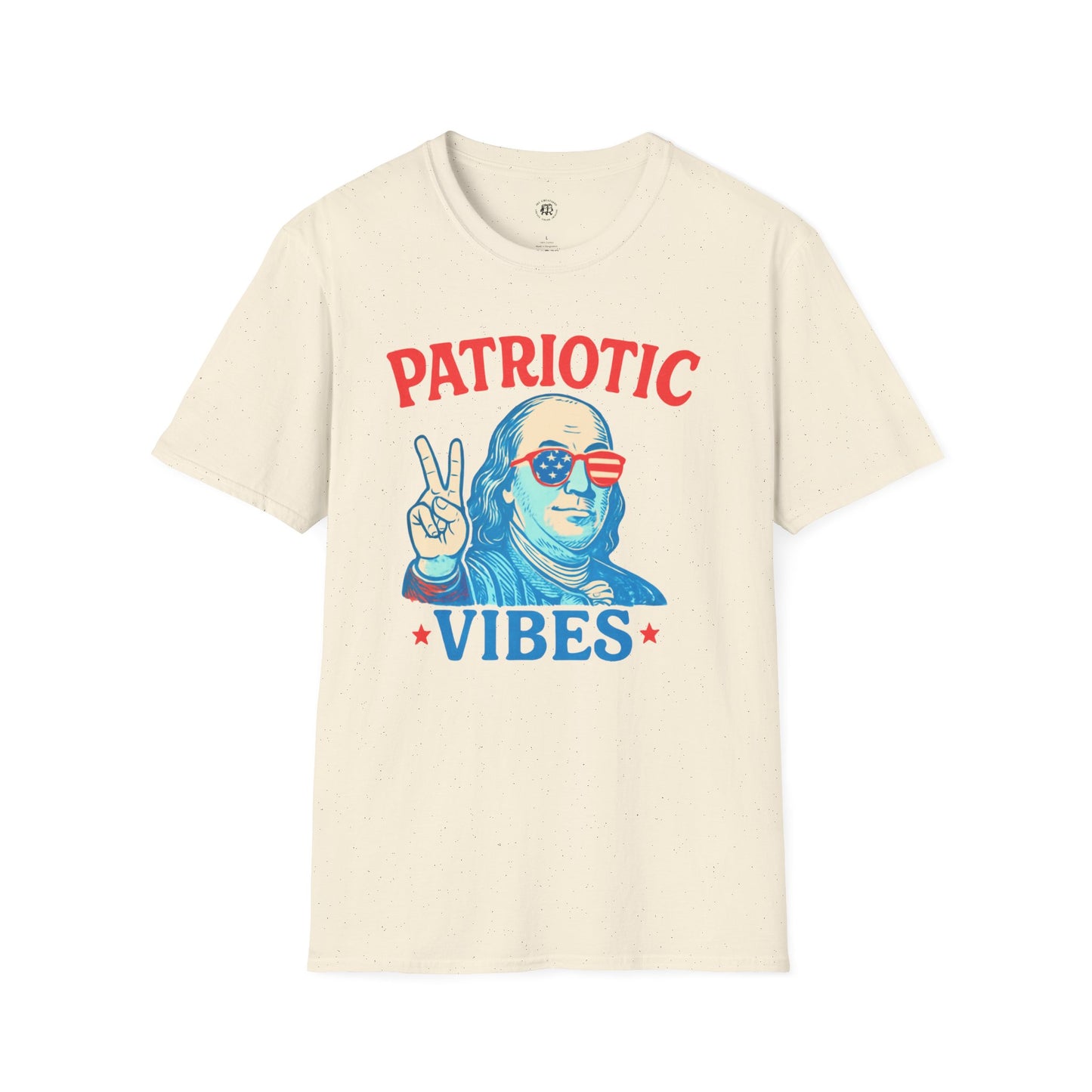 Printify Patriotic Ben Franklin t-shirt with graphic of Ben Franklin wearing star-spangled sunglasses and peace sign