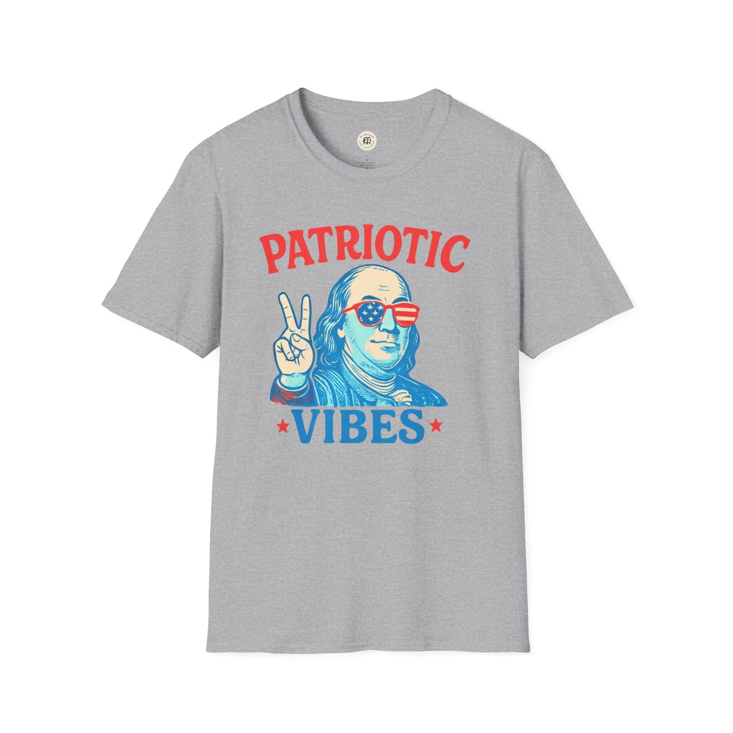 Gray Patriotic Ben Franklin t-shirt with red and blue graphic of Ben Franklin wearing American flag sunglasses