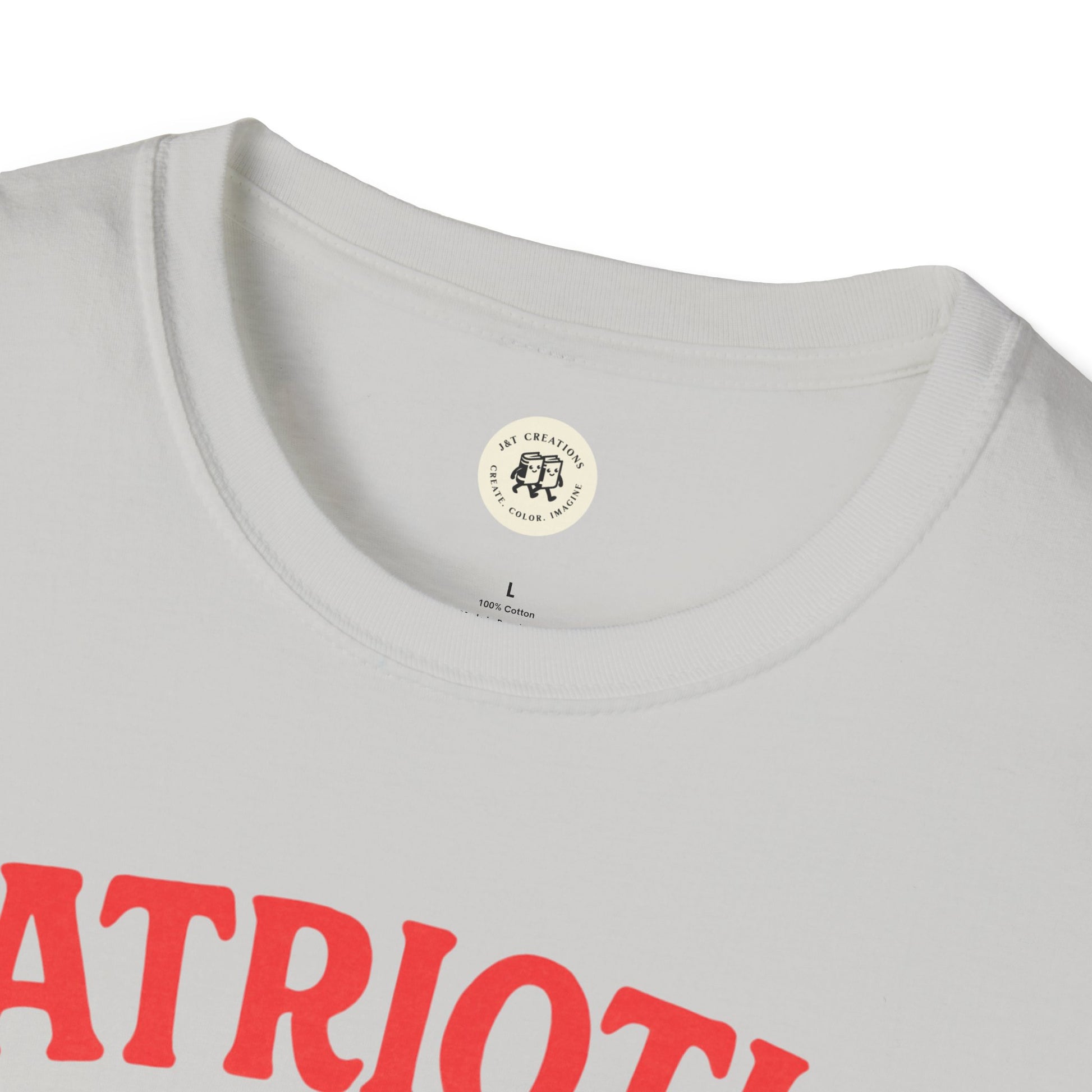 Close-up of white Patriotic Ben Franklin t-shirt collar and red printed text by Printify