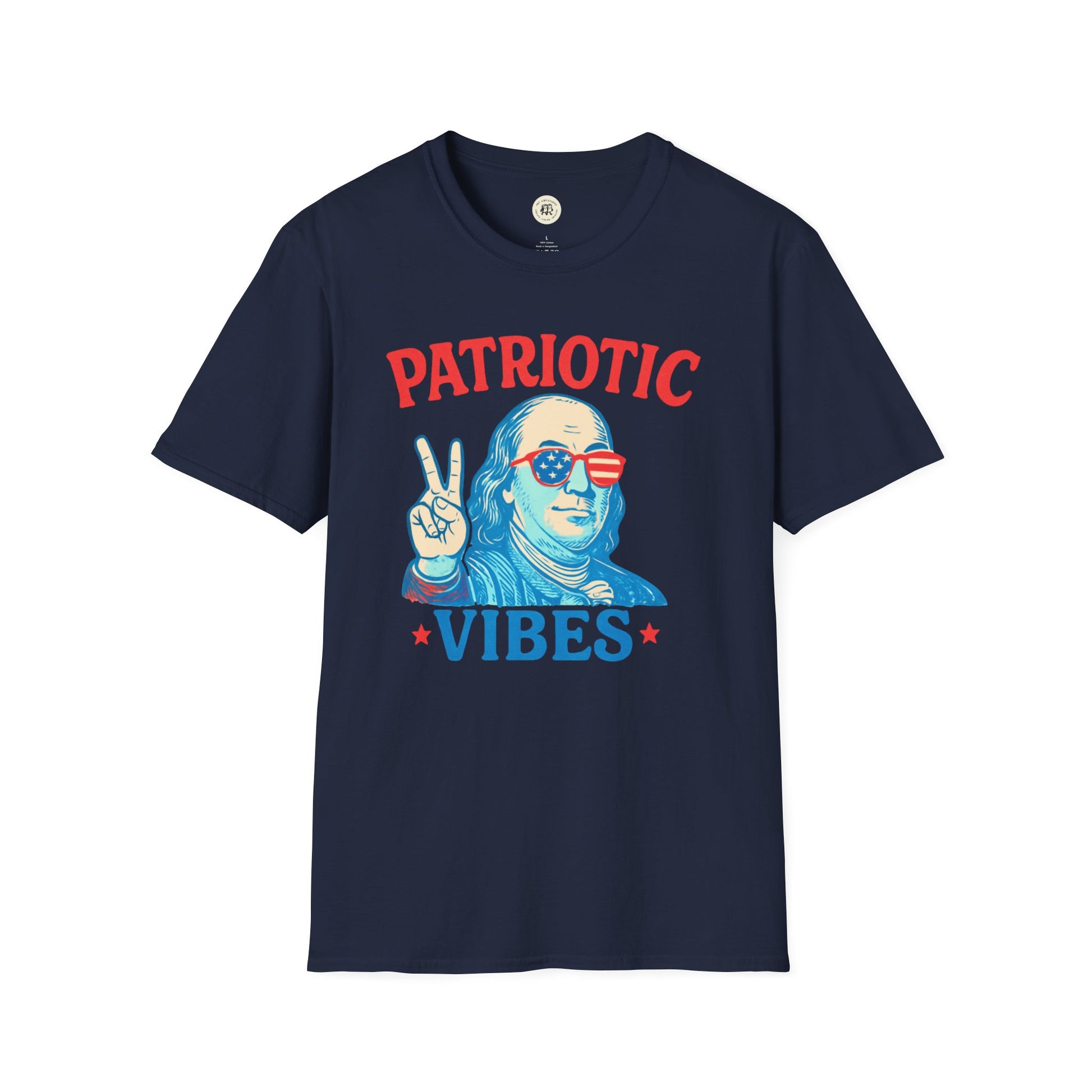Navy Printify t-shirt featuring Patriotic Ben Franklin t-shirt design with red and blue text and graphic
