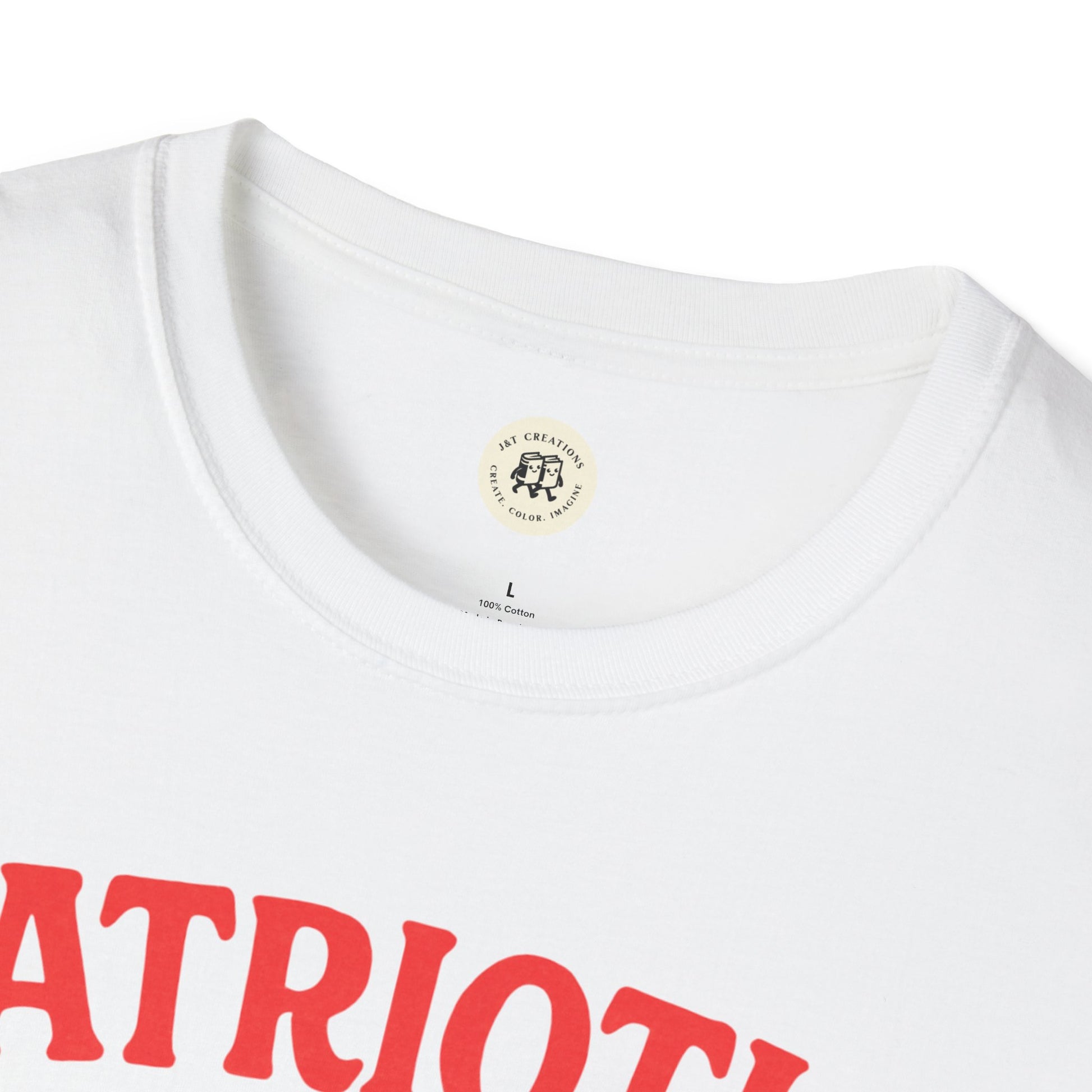 Close-up of a white Printify Patriotic Ben Franklin t-shirt featuring red text and a round neckline