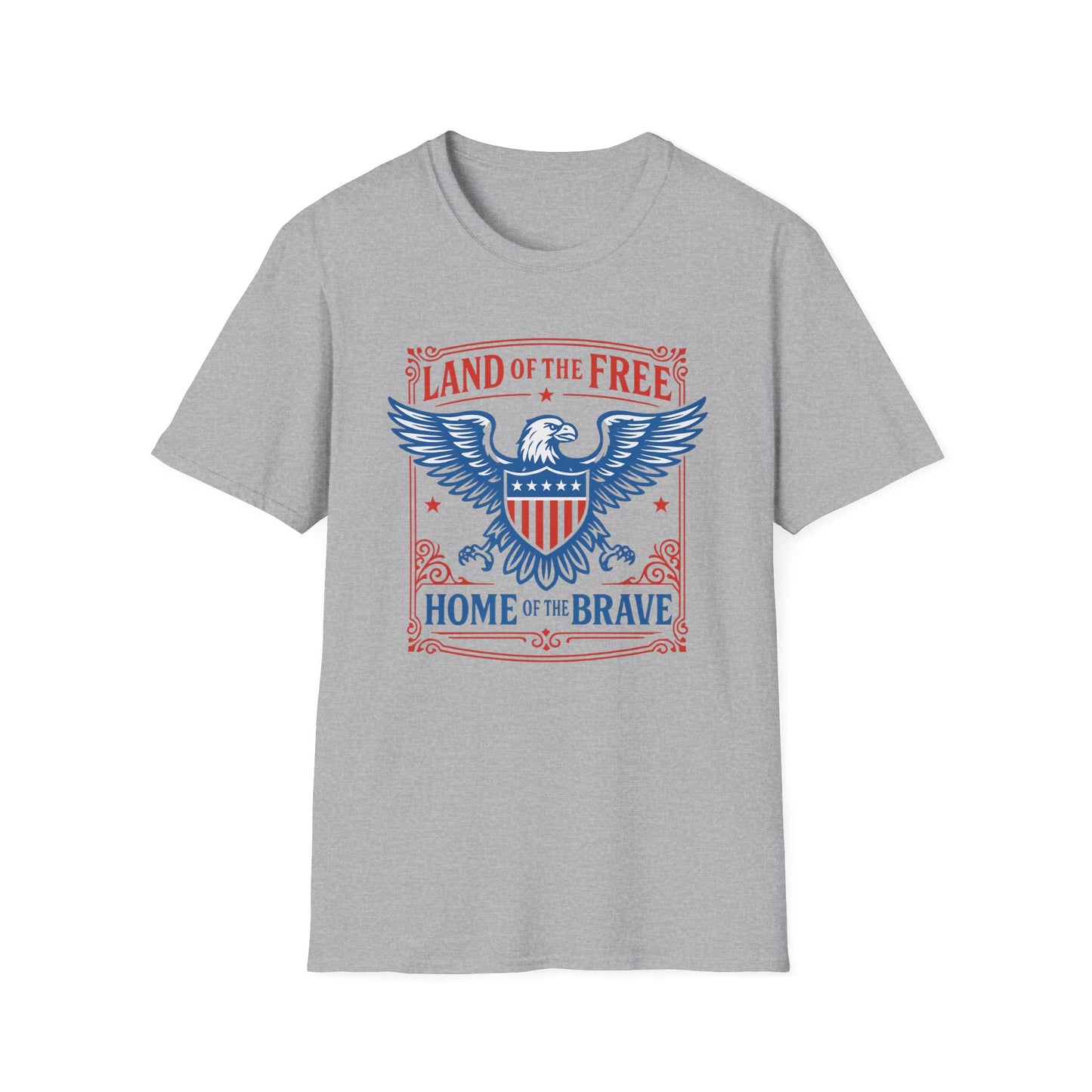 Printify patriotic eagle t-shirt with red white and blue eagle design and Land of the Free slogan