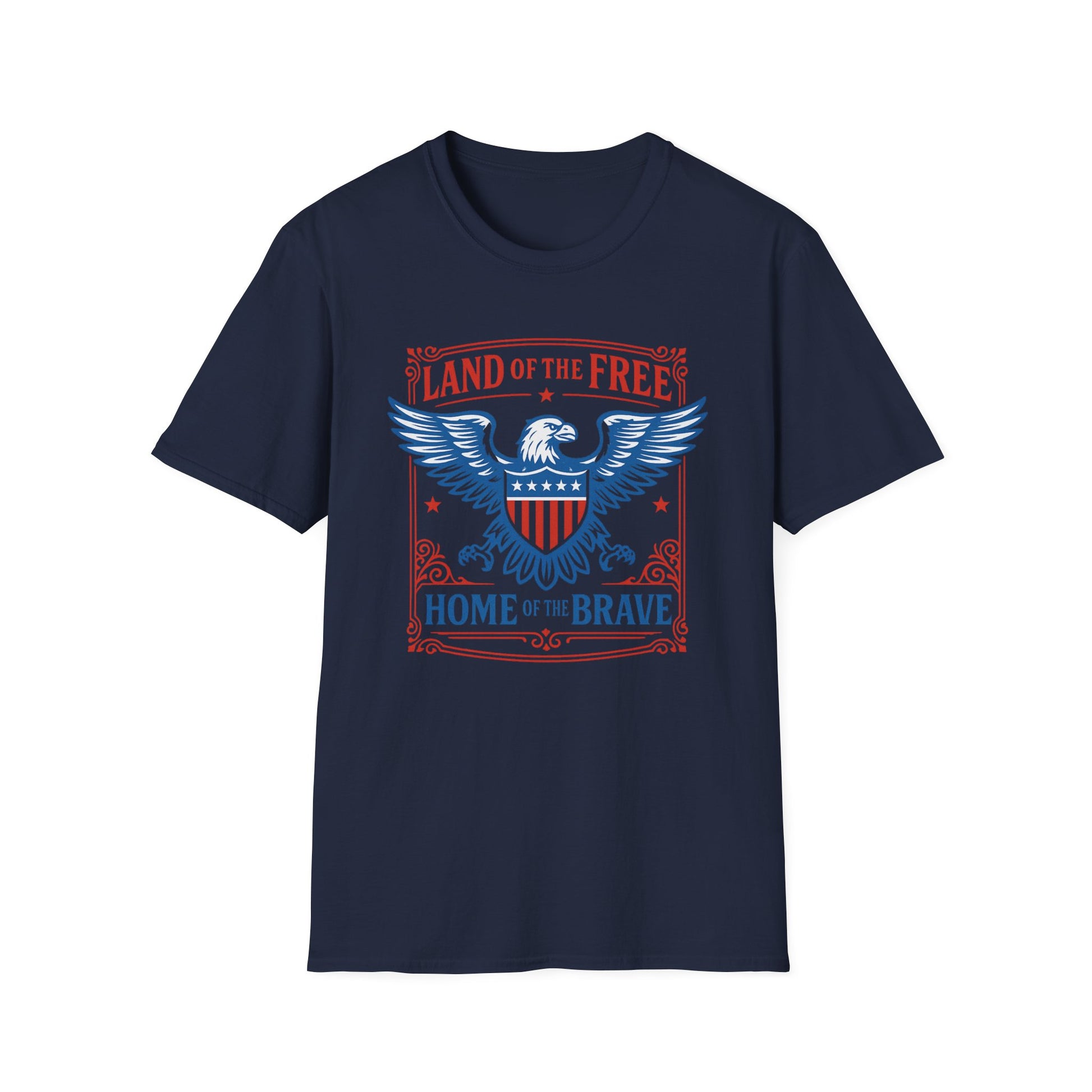 Patriotic eagle t-shirt in navy blue with Land of the Free Home of the Brave graphic design