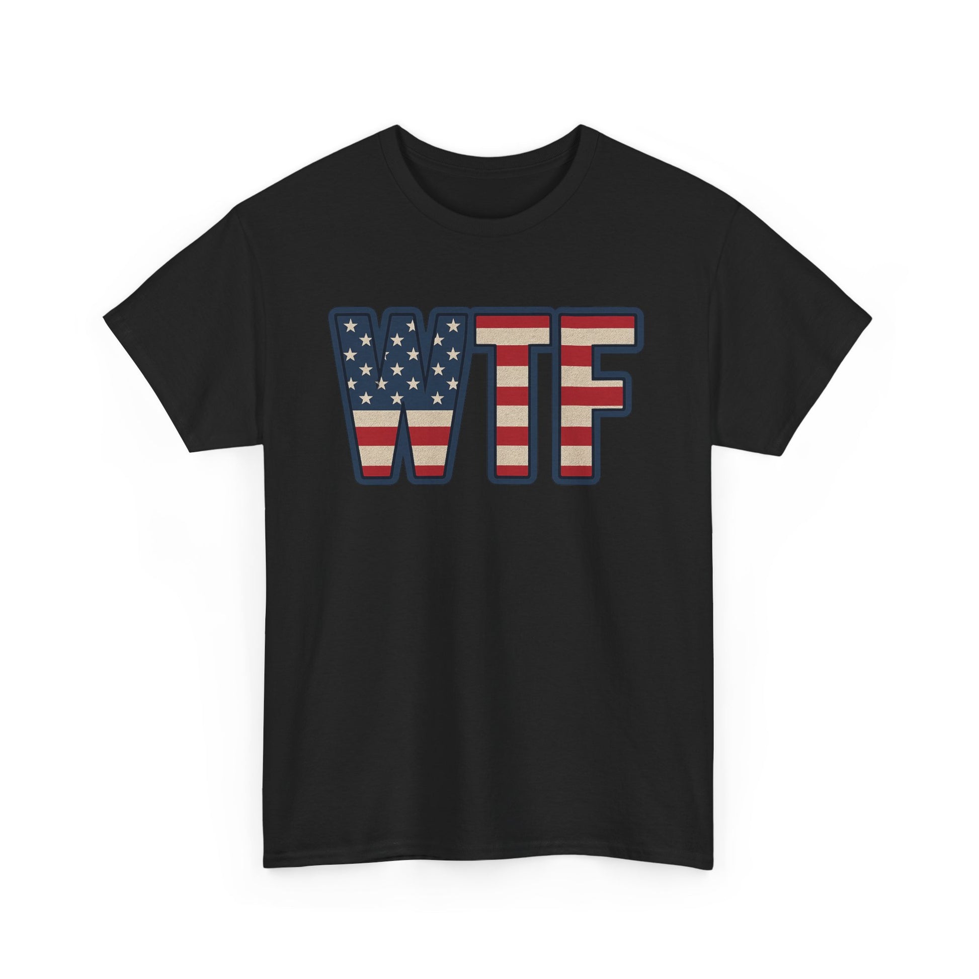 Black Printify patriotic humor t-shirt with WTF letters in American flag design